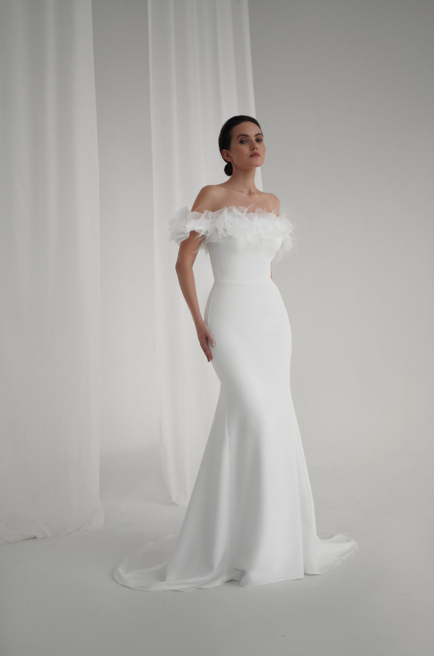 WEASLEA – Off-Shoulder Satin Wedding Dress with Floral Tulle Sleeves