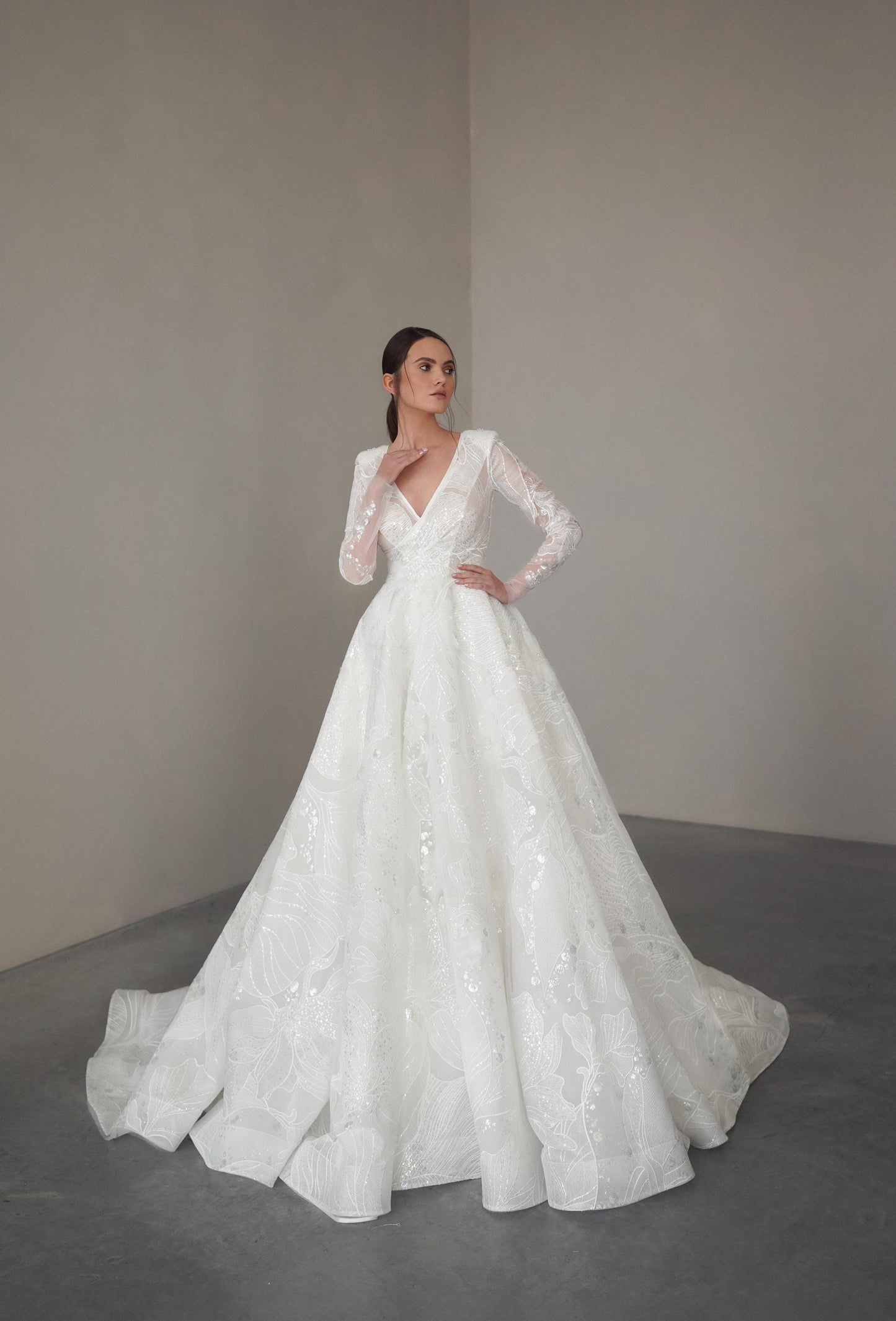 LUPIN – Long Sleeve Lace Ball Gown with V-Neckline and Sequin Details