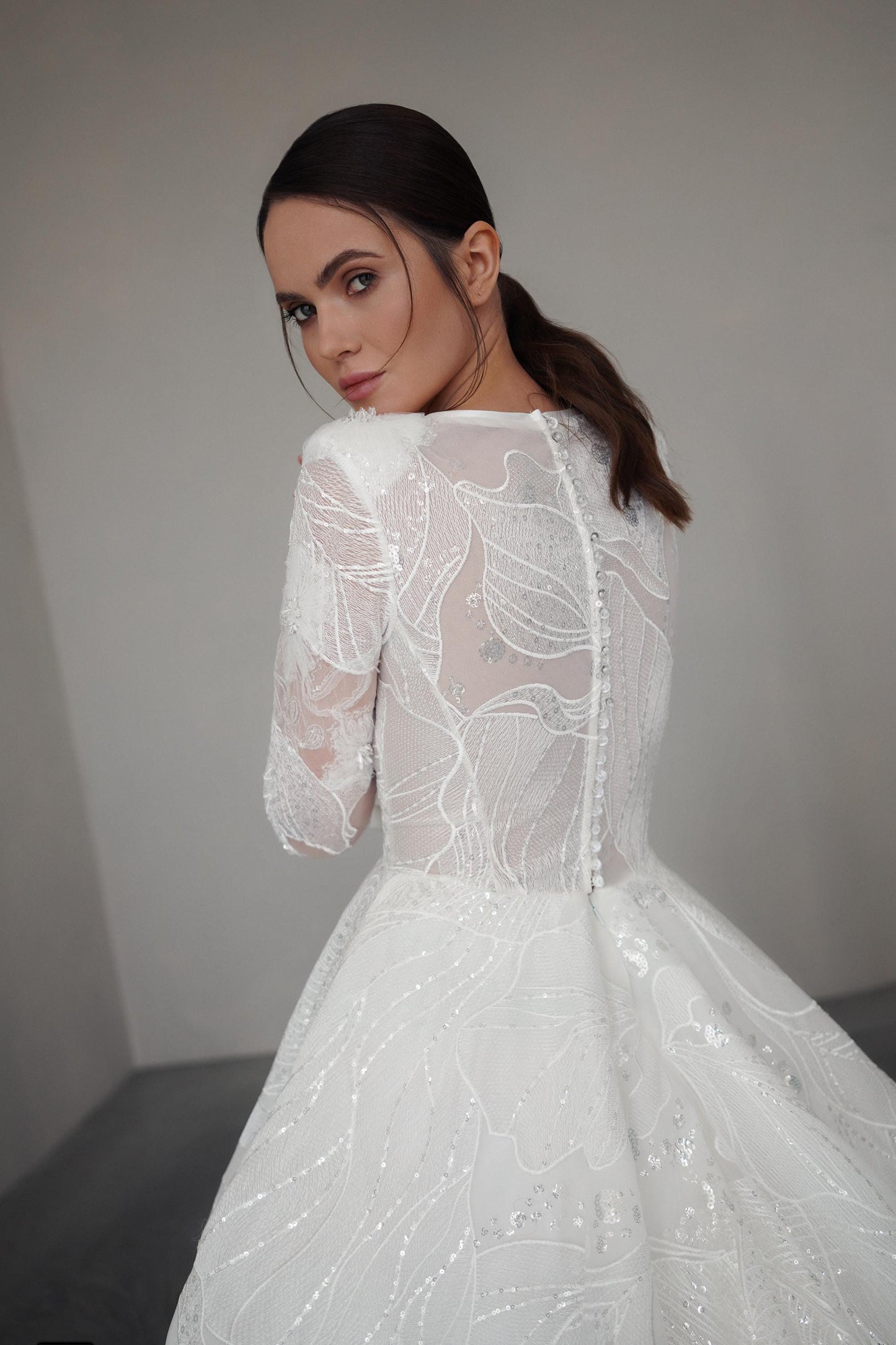 LUPIN – Long Sleeve Lace Ball Gown with V-Neckline and Sequin Details