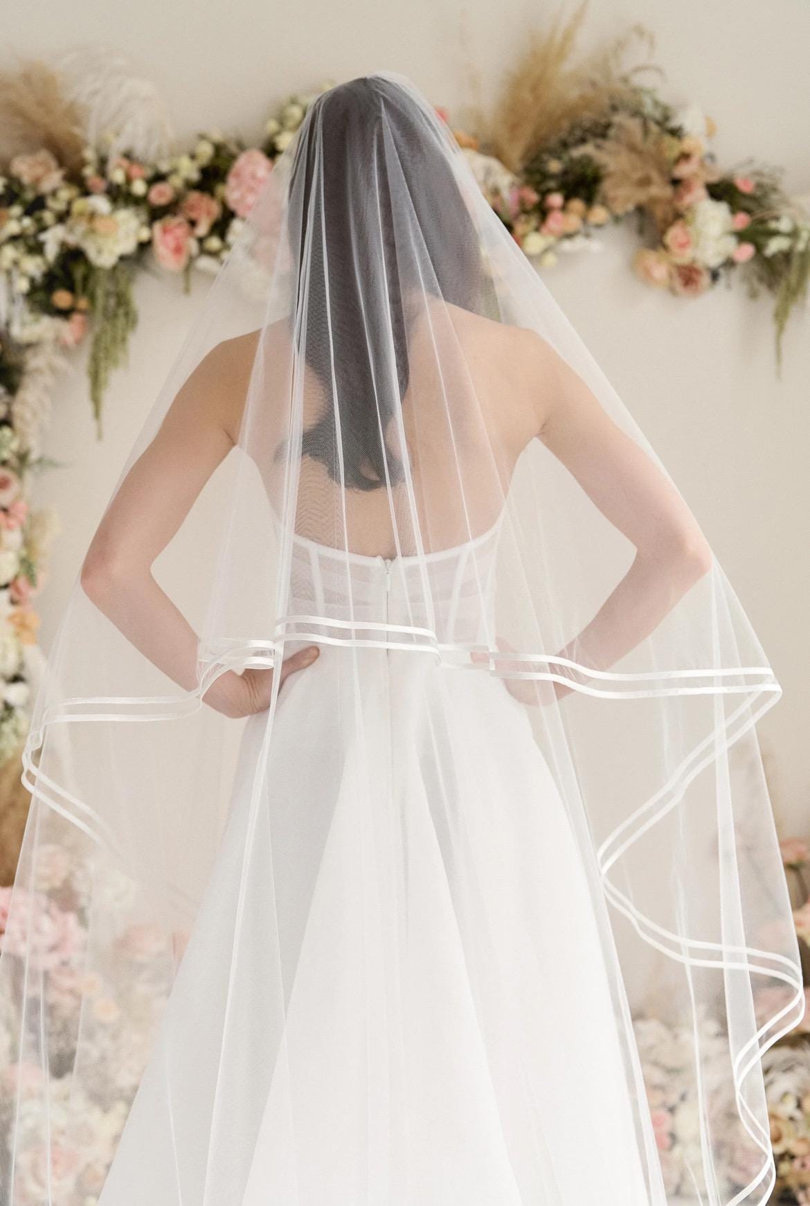Two-Tier Bridal Veil with thin Double Satin Ribbon Edge – Classic Elegance with Blusher Option