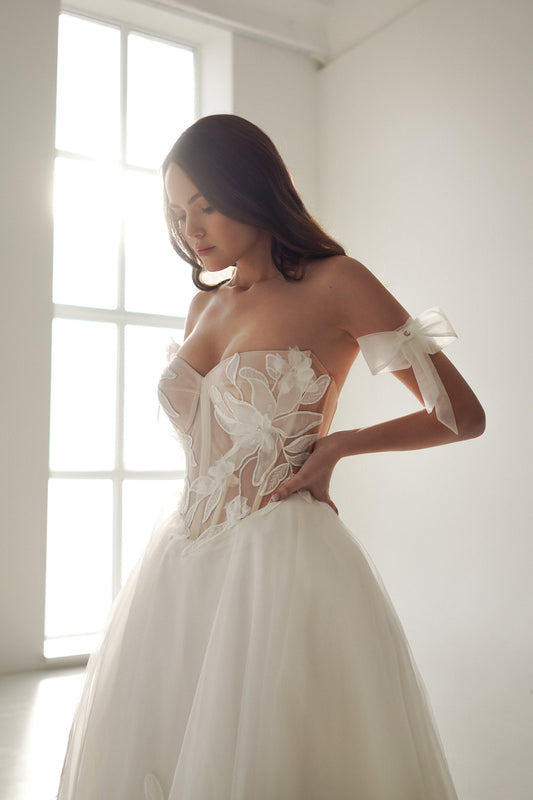 AMORTENTIA – Floral Off-Shoulder Ball gown Wedding Dress with Sheer Corset and Ribbons