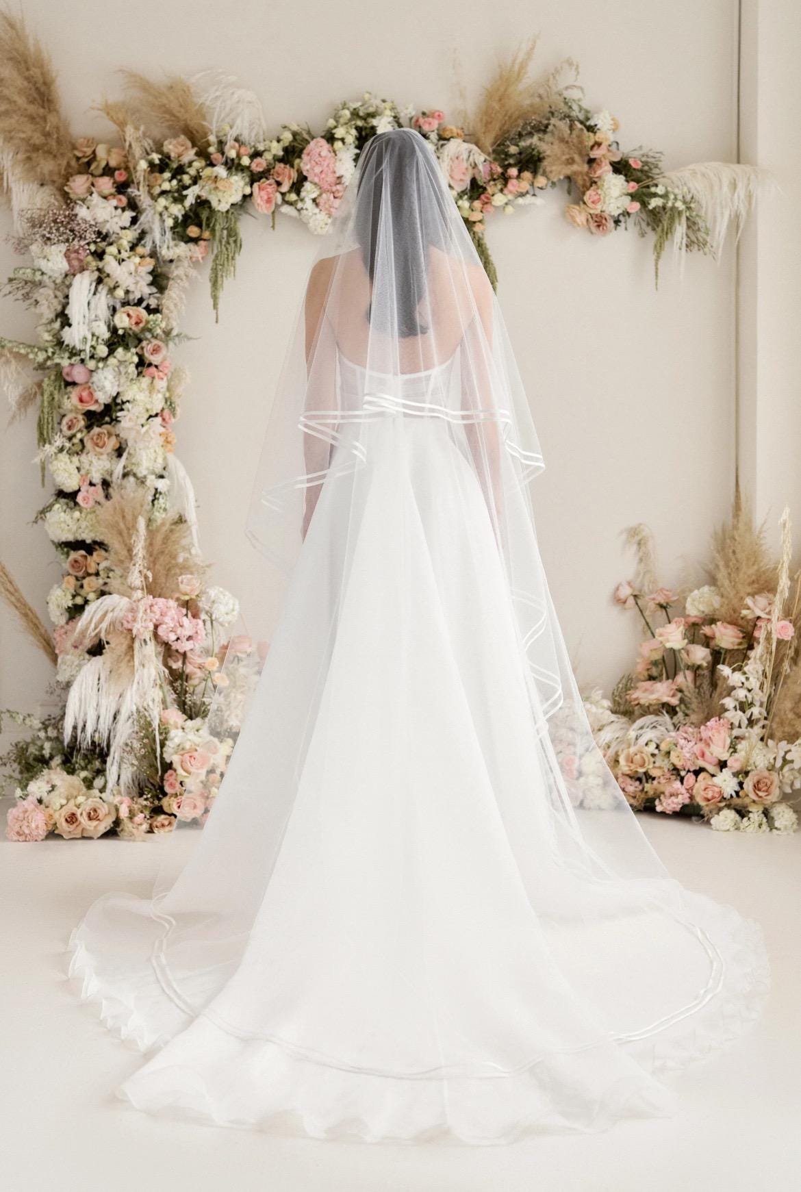 Two-Tier Bridal Veil with thin Double Satin Ribbon Edge – Classic Elegance with Blusher Option