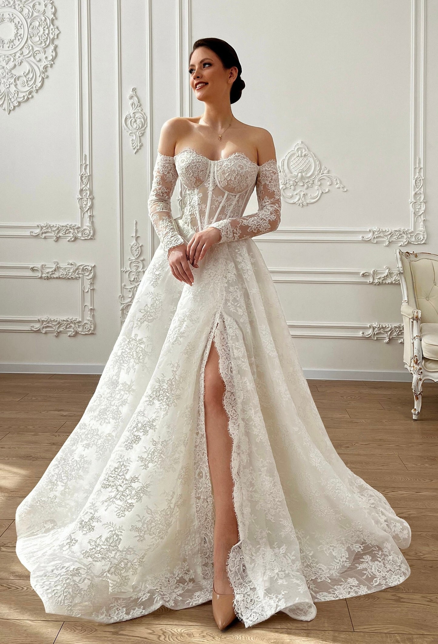 AMBREA – Lace Wedding Dress – Off-Shoulder Corset Bridal Gown with Long Sleeves & Slit
