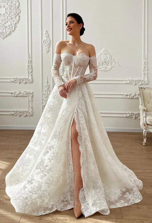 AMBREA  –  Lace Wedding Dress – Off-Shoulder Corset Bridal Gown with Long Sleeves & Slit