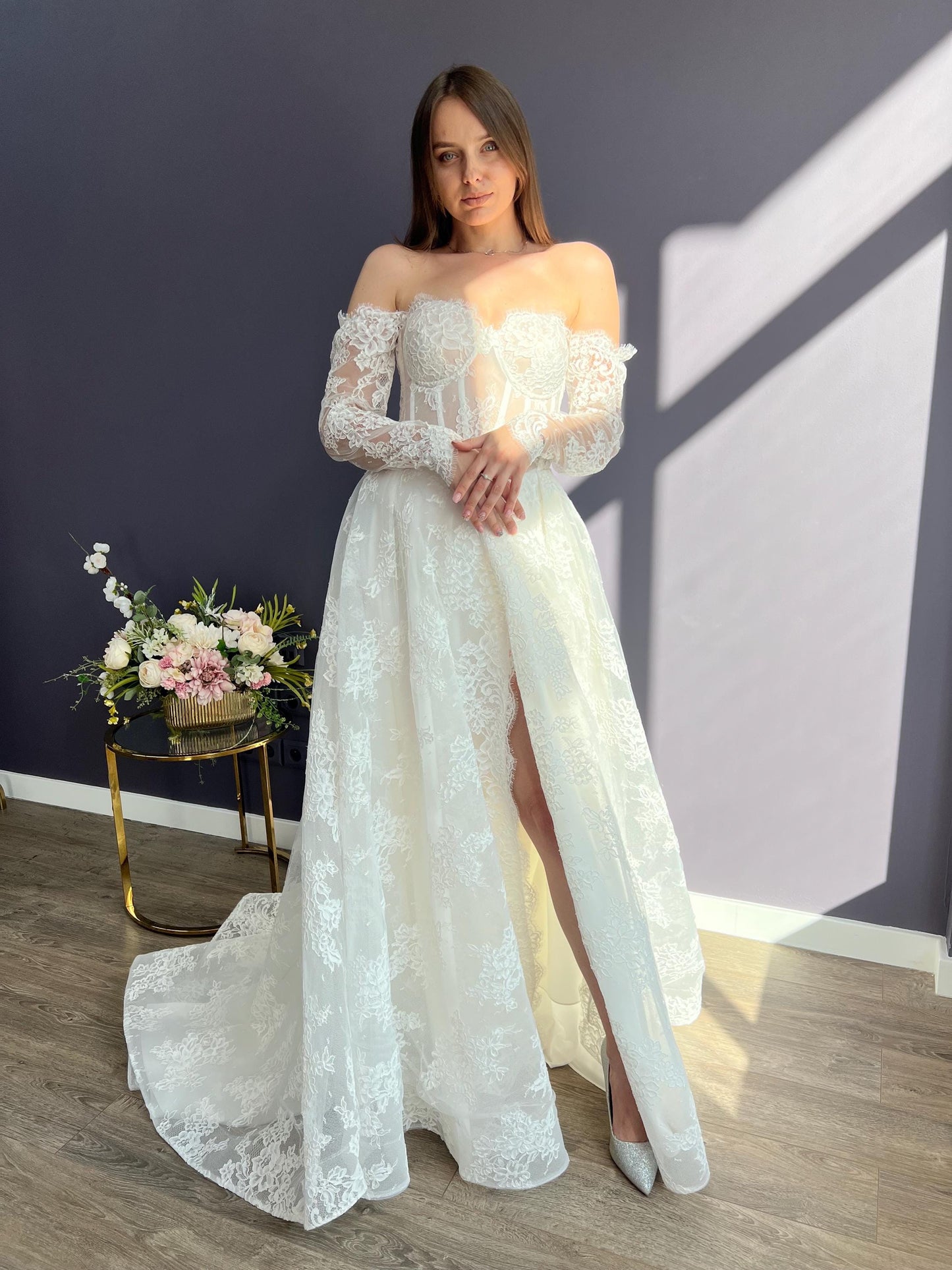 AMBREA – Lace Wedding Dress – Off-Shoulder Corset Bridal Gown with Long Sleeves & Slit