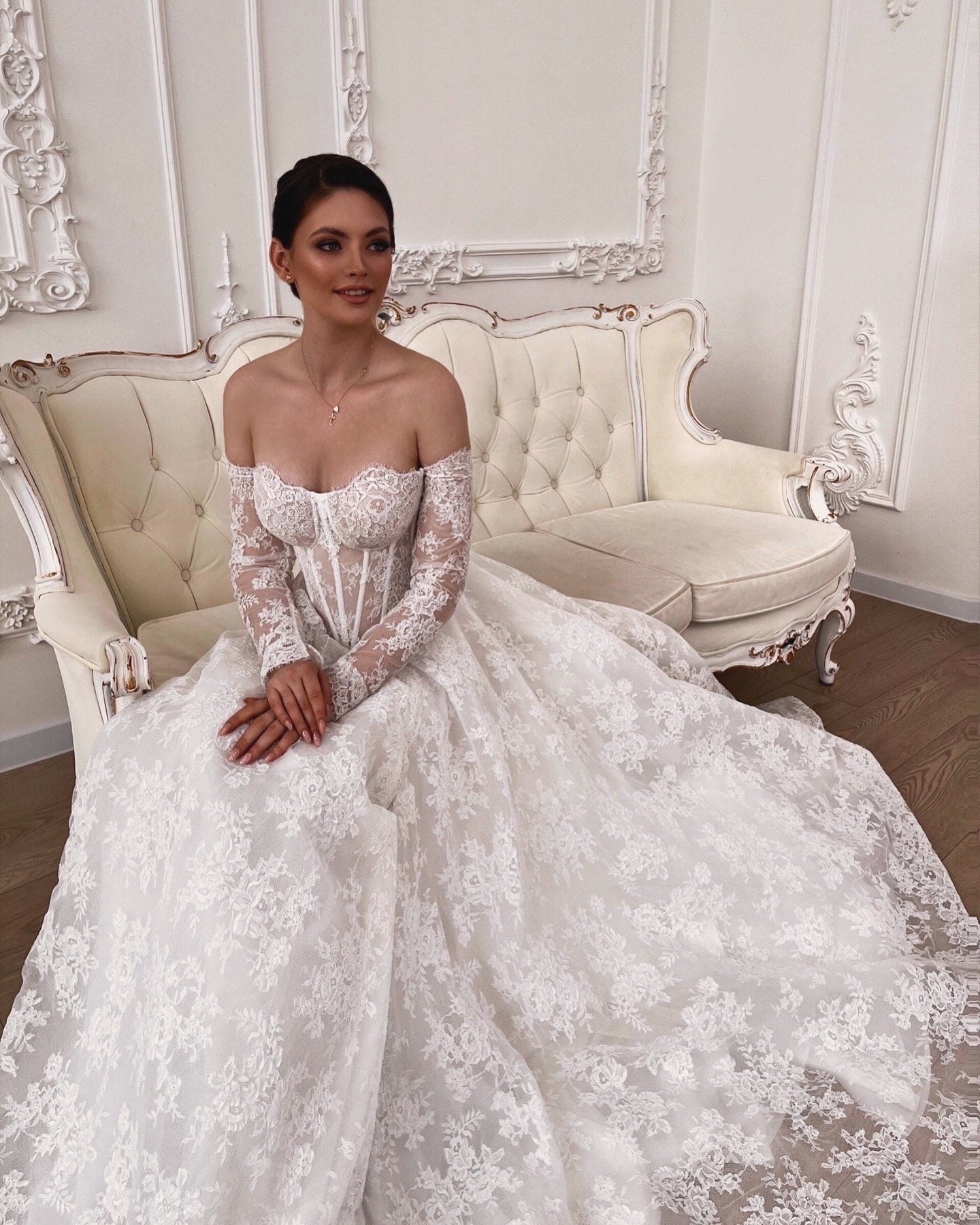 AMBREA – Lace Wedding Dress – Off-Shoulder Corset Bridal Gown with Long Sleeves & Slit