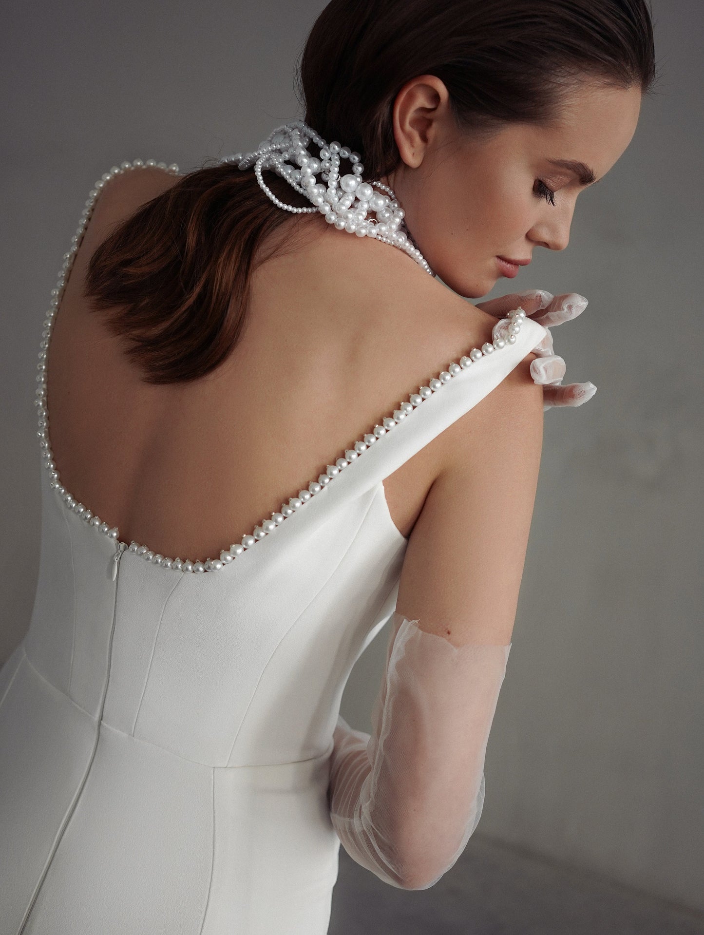 MALFO – Minimalist Bridal Gown with Pearl Accents and Elegant Train