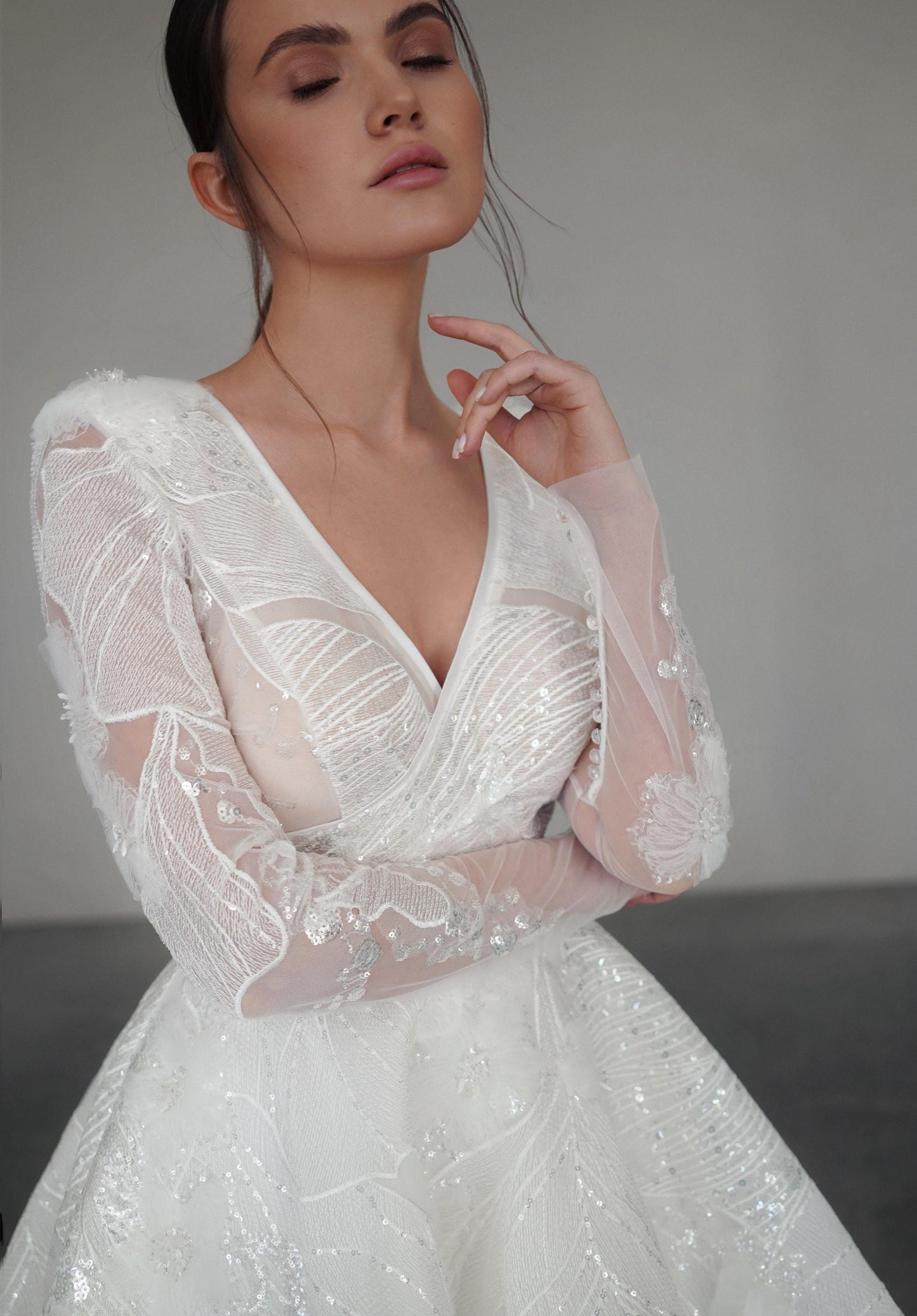 LUPIN – Long Sleeve Lace Ball Gown with V-Neckline and Sequin Details