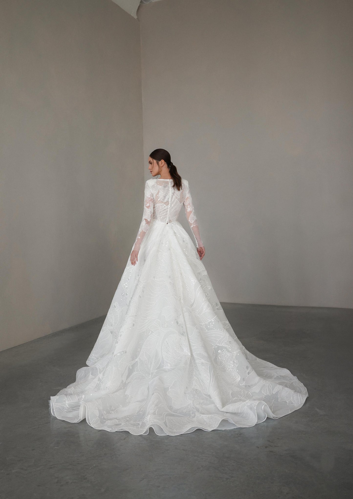 LUPIN – Long Sleeve Lace Ball Gown with V-Neckline and Sequin Details
