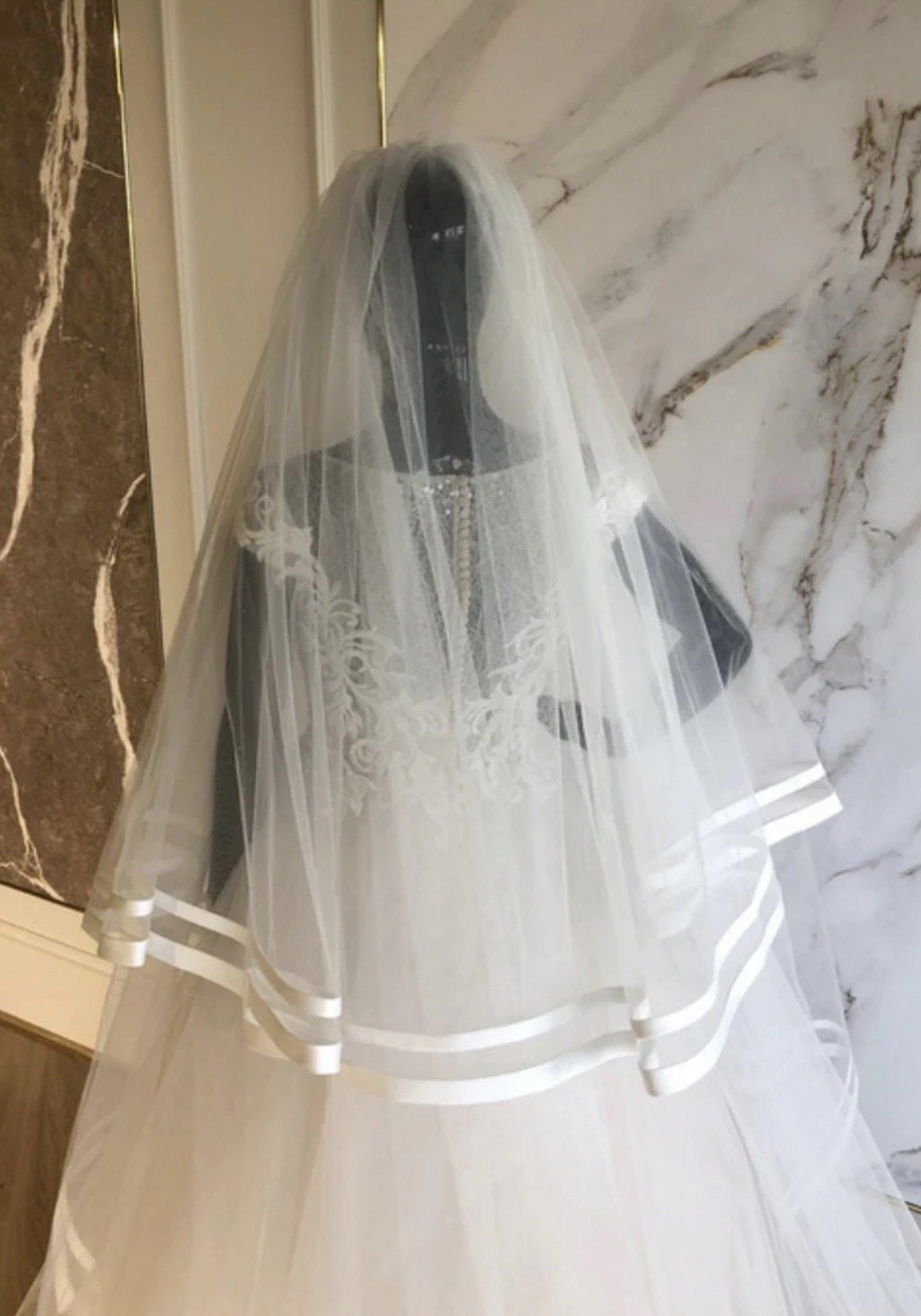 Two-Tier Veil with Dual Satin Ribbon Trim – Soft Tulle Bridal Veil with Blusher