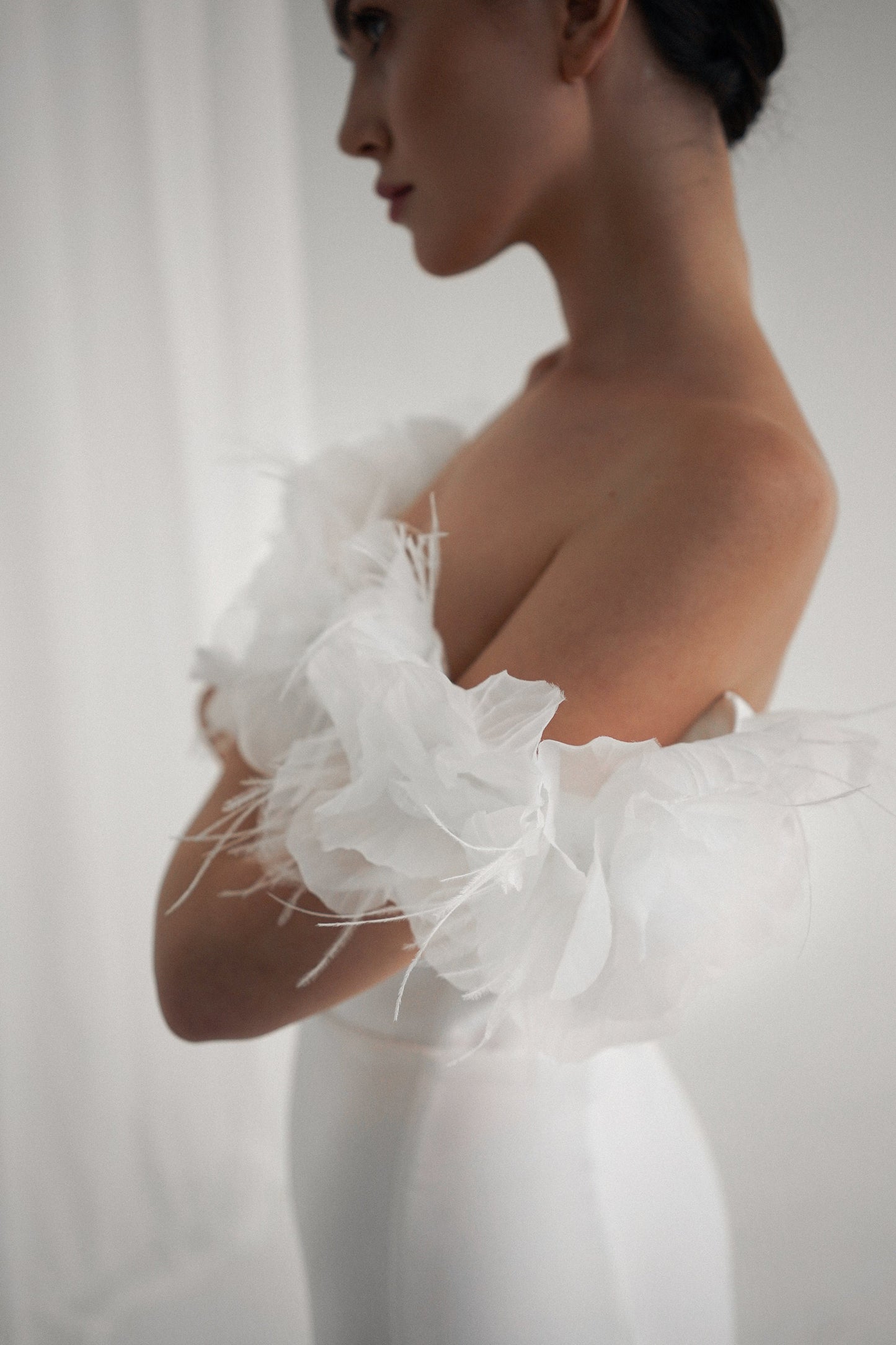 WEASLEA – Off-Shoulder Satin Wedding Dress with Floral Tulle Sleeves