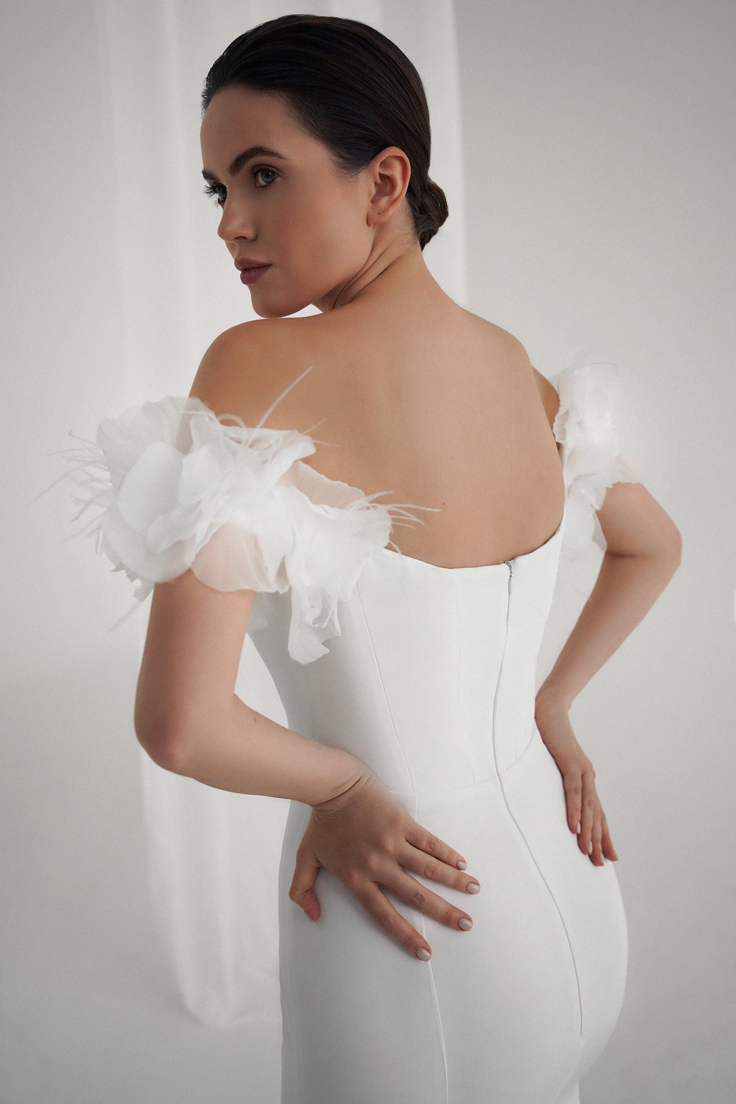 WEASLEA – Off-Shoulder Satin Wedding Dress with Floral Tulle Sleeves