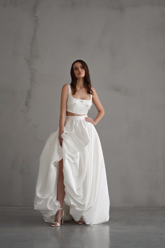 ALOHOMORA – Two-Piece Satin Wedding Dress with Crop Top and High-Slit Skirt
