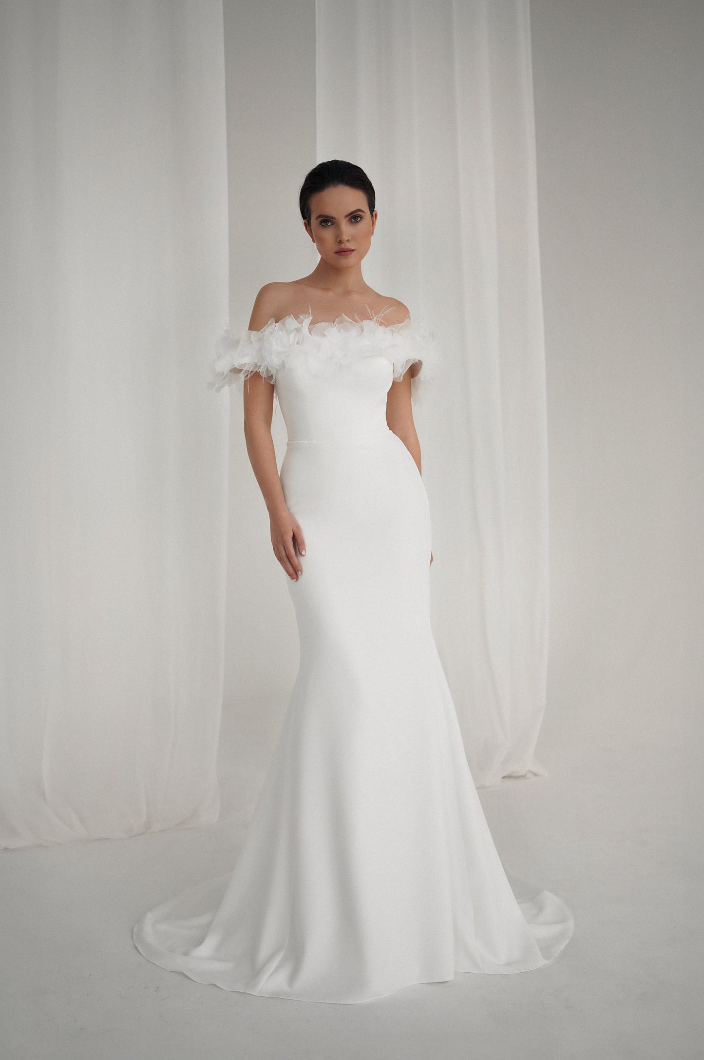 WEASLEA – Off-Shoulder Satin Wedding Dress with Floral Tulle Sleeves