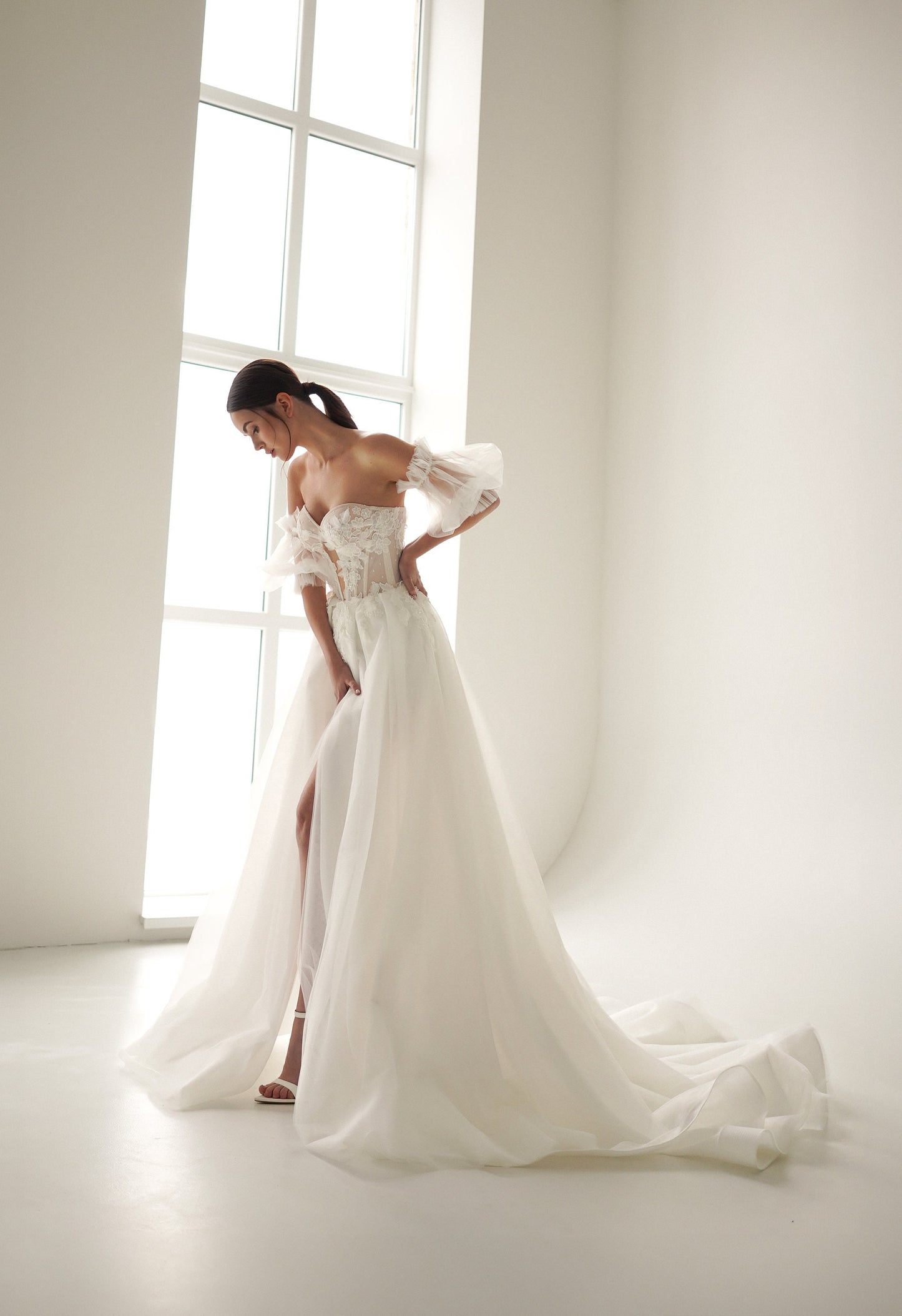 ASTRAL – Off-Shoulder Lace & Tulle Wedding Dress with Slit | Puff Sleeves Bridal Gown