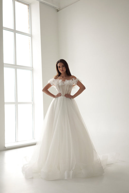 ARCANE – Off-Shoulder Floral Tulle Wedding Gown