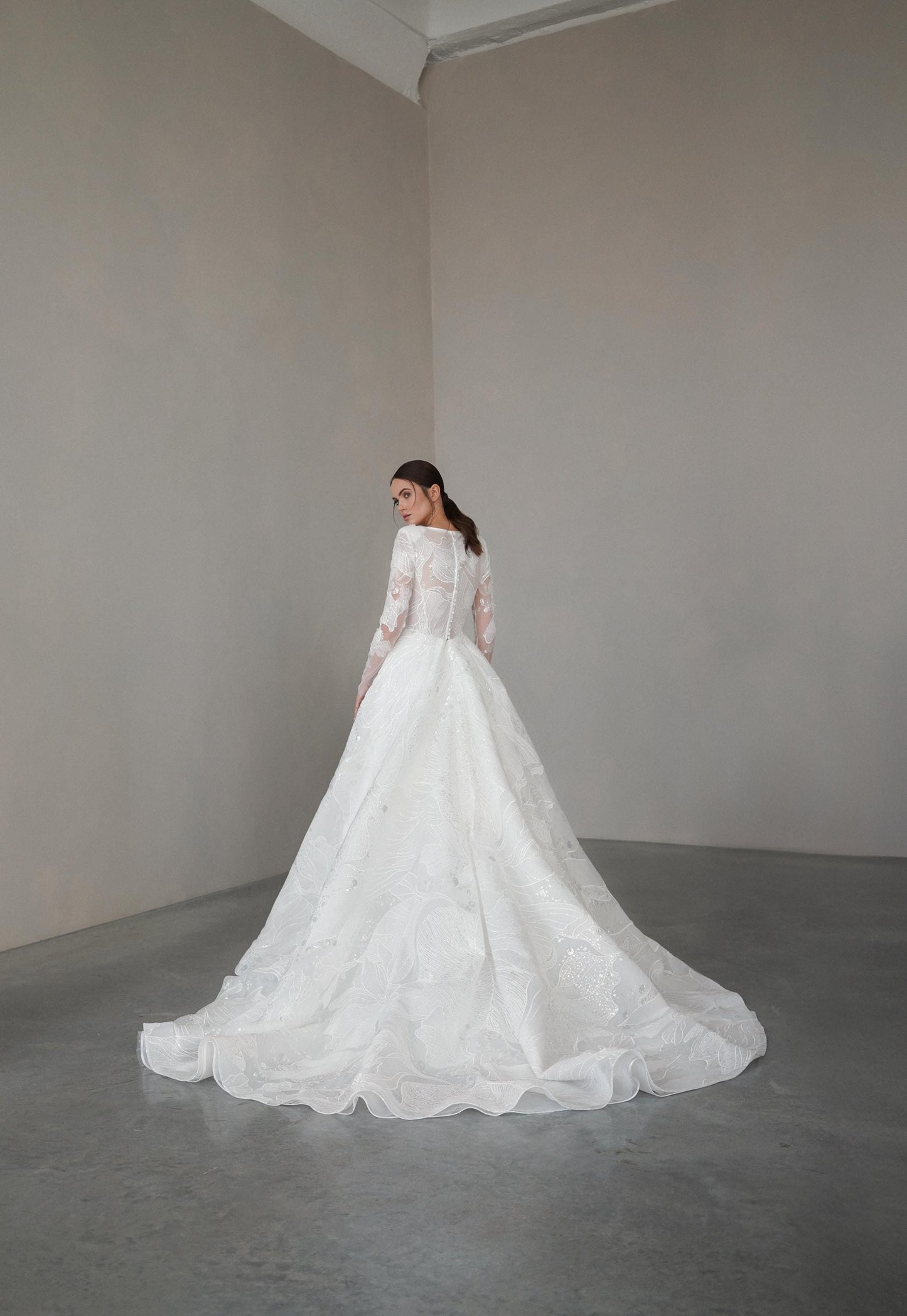 LUPIN – Long Sleeve Lace Ball Gown with V-Neckline and Sequin Details