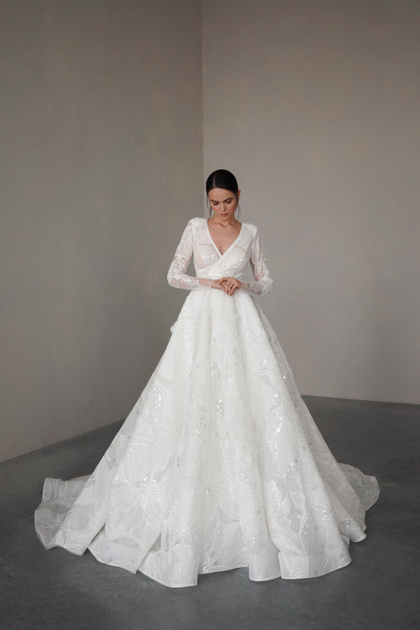 LUPIN – Long Sleeve Lace Ball Gown with V-Neckline and Sequin Details