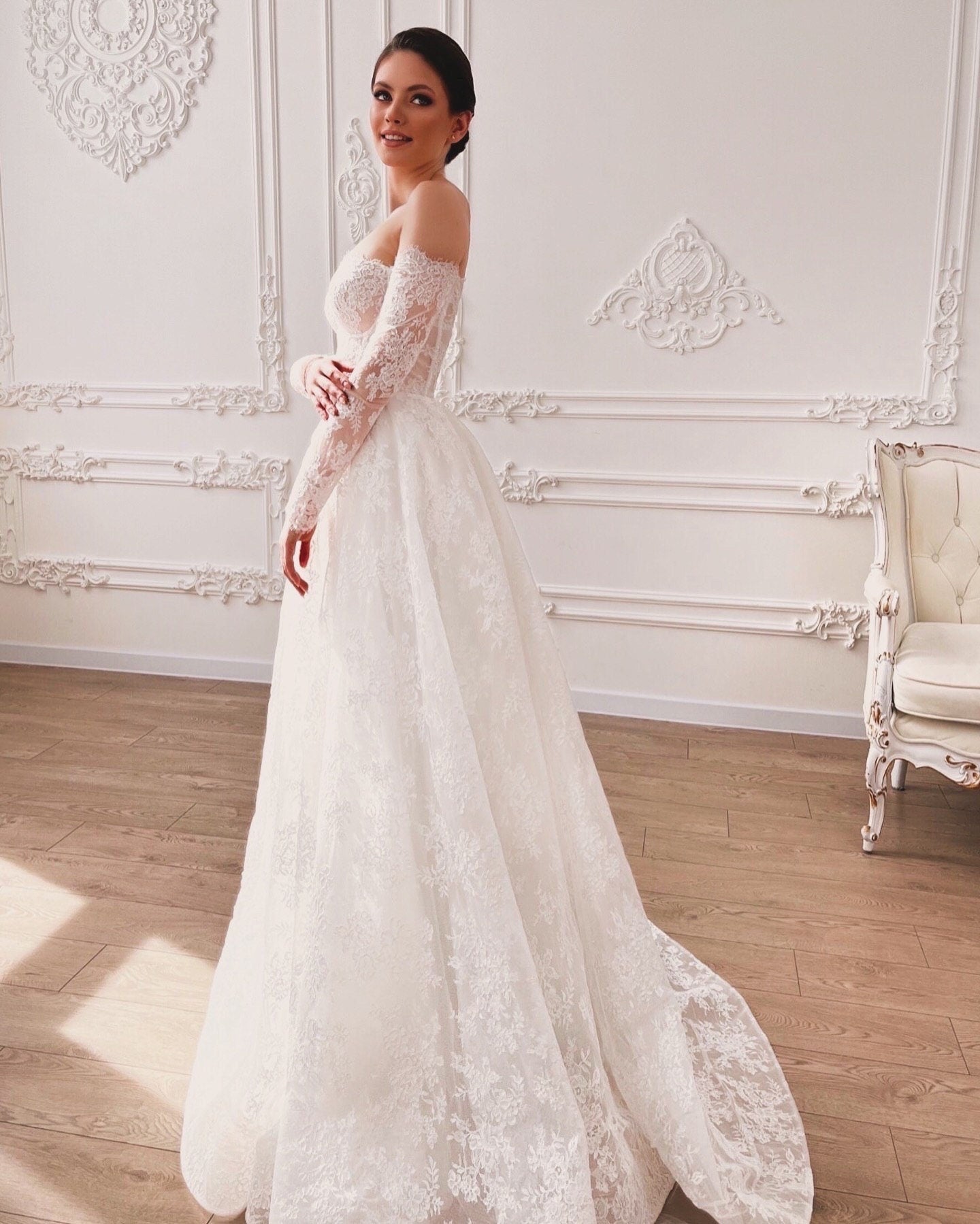 AMBREA – Lace Wedding Dress – Off-Shoulder Corset Bridal Gown with Long Sleeves & Slit