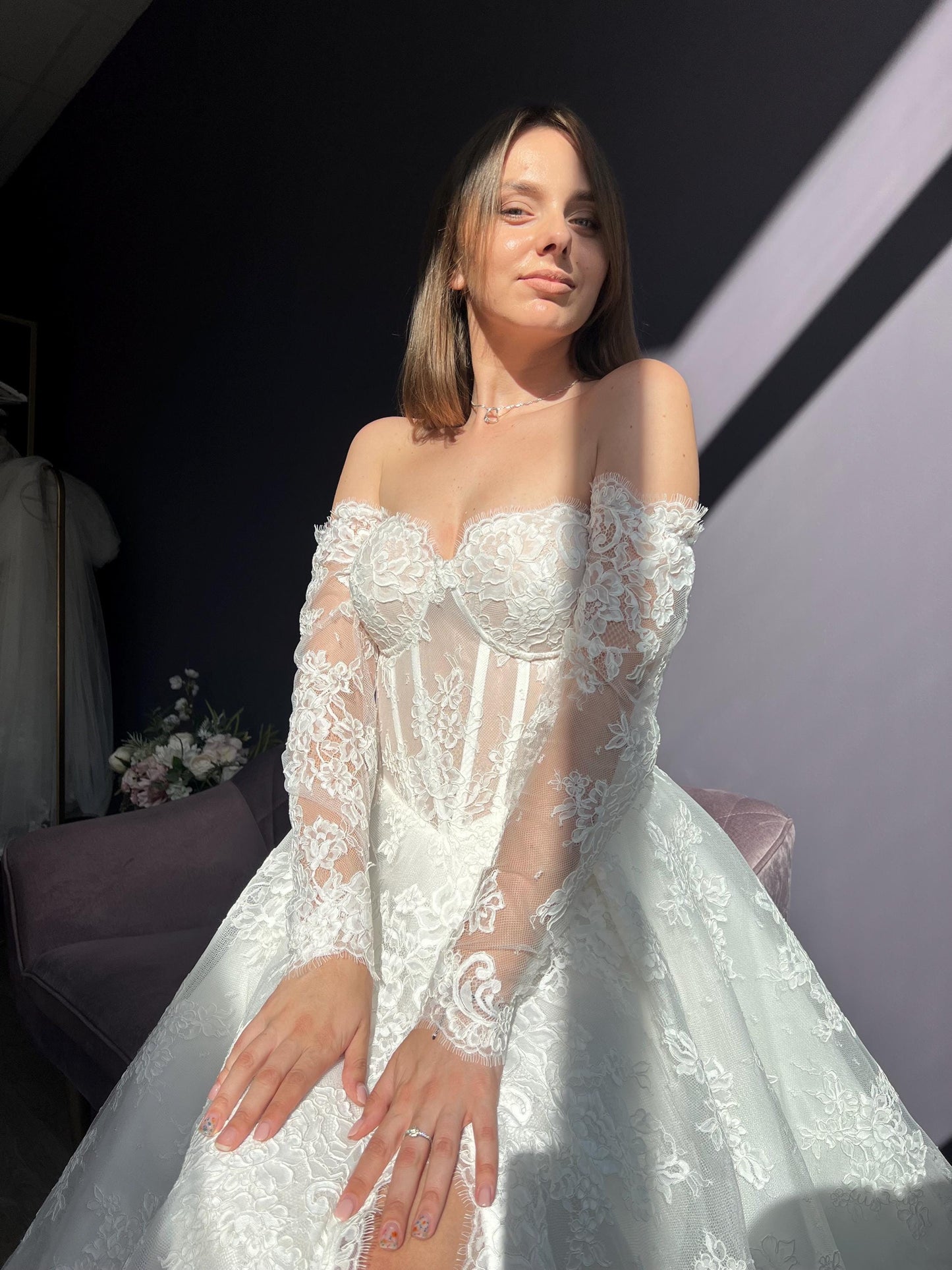 AMBREA – Lace Wedding Dress – Off-Shoulder Corset Bridal Gown with Long Sleeves & Slit