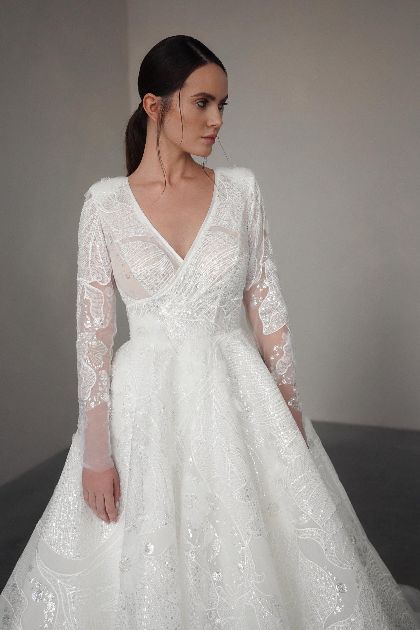 LUPIN – Long Sleeve Lace Ball Gown with V-Neckline and Sequin Details