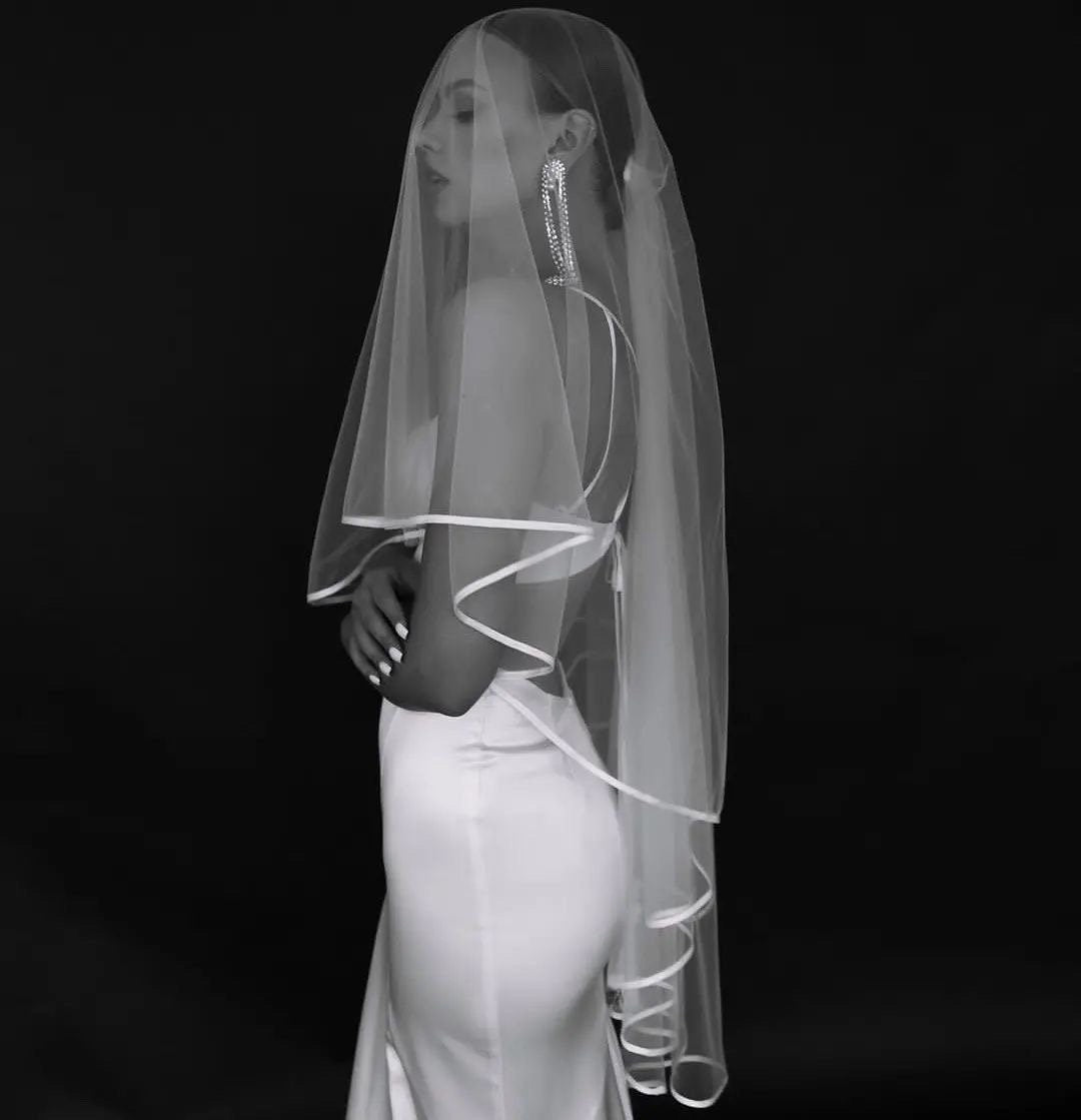 Soft Tulle Wedding Veil with Thin Satin Ribbon Edge – Double Tier Bridal Veil