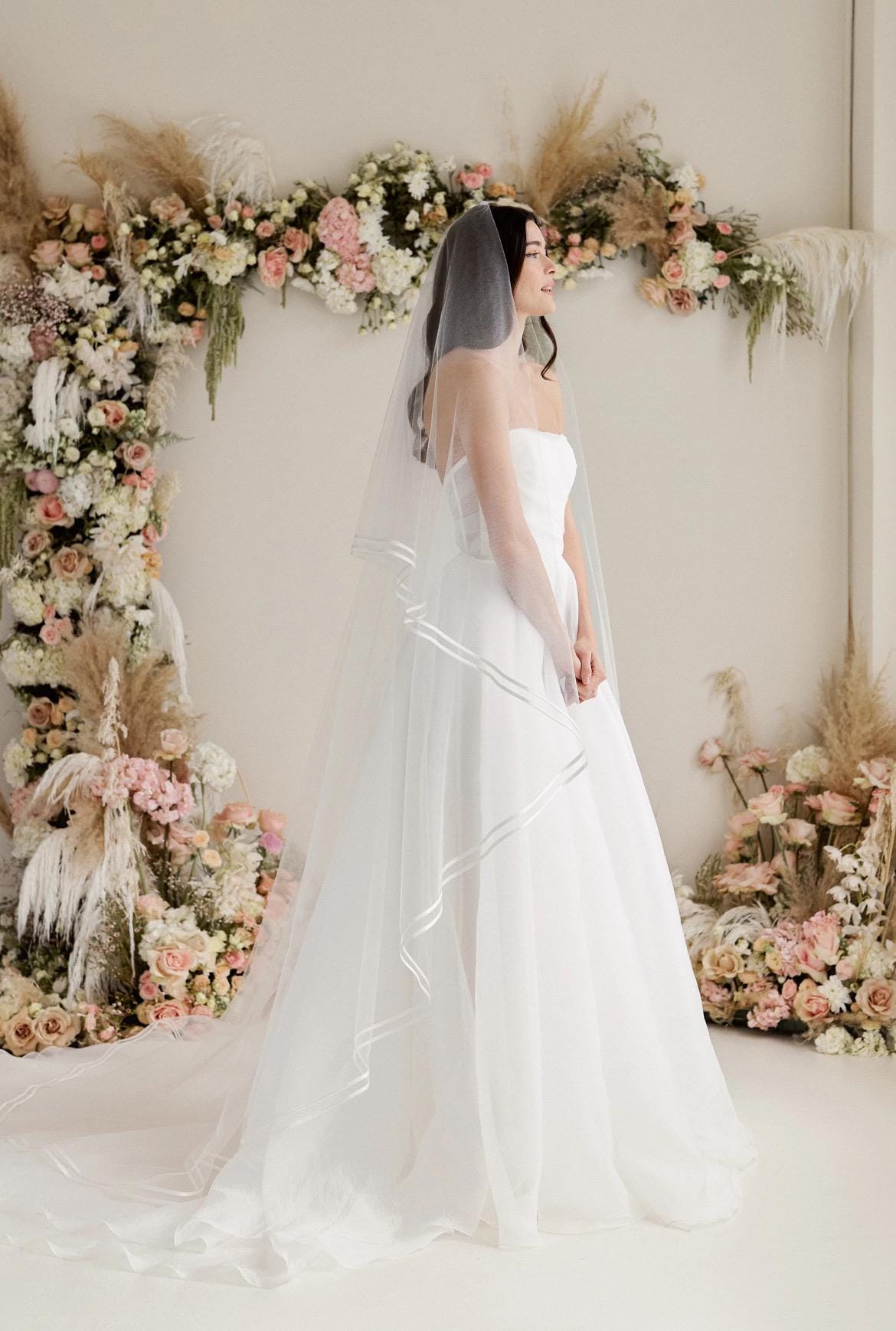 Two-Tier Bridal Veil with thin Double Satin Ribbon Edge – Classic Elegance with Blusher Option