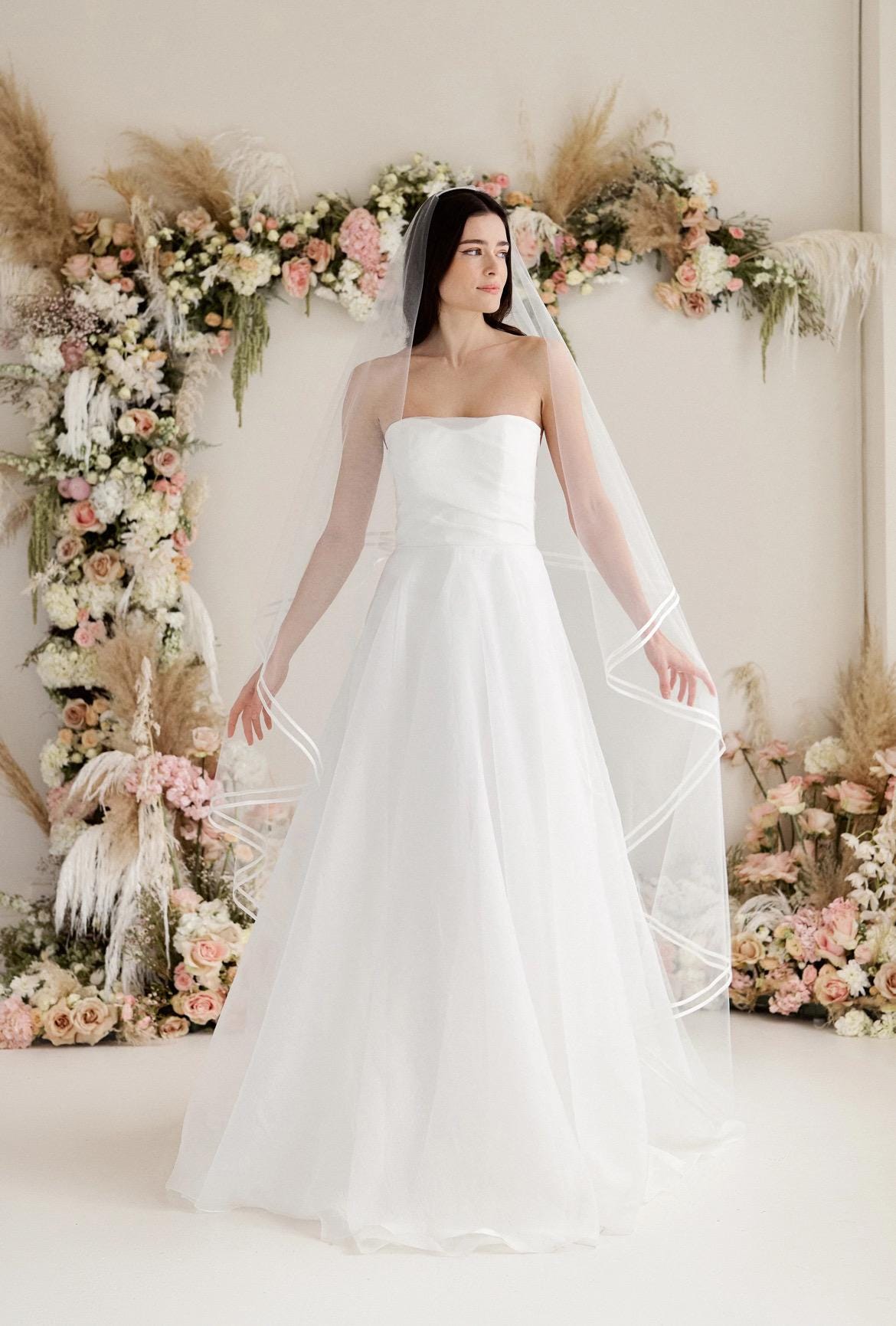 Two-Tier Bridal Veil with thin Double Satin Ribbon Edge – Classic Elegance with Blusher Option