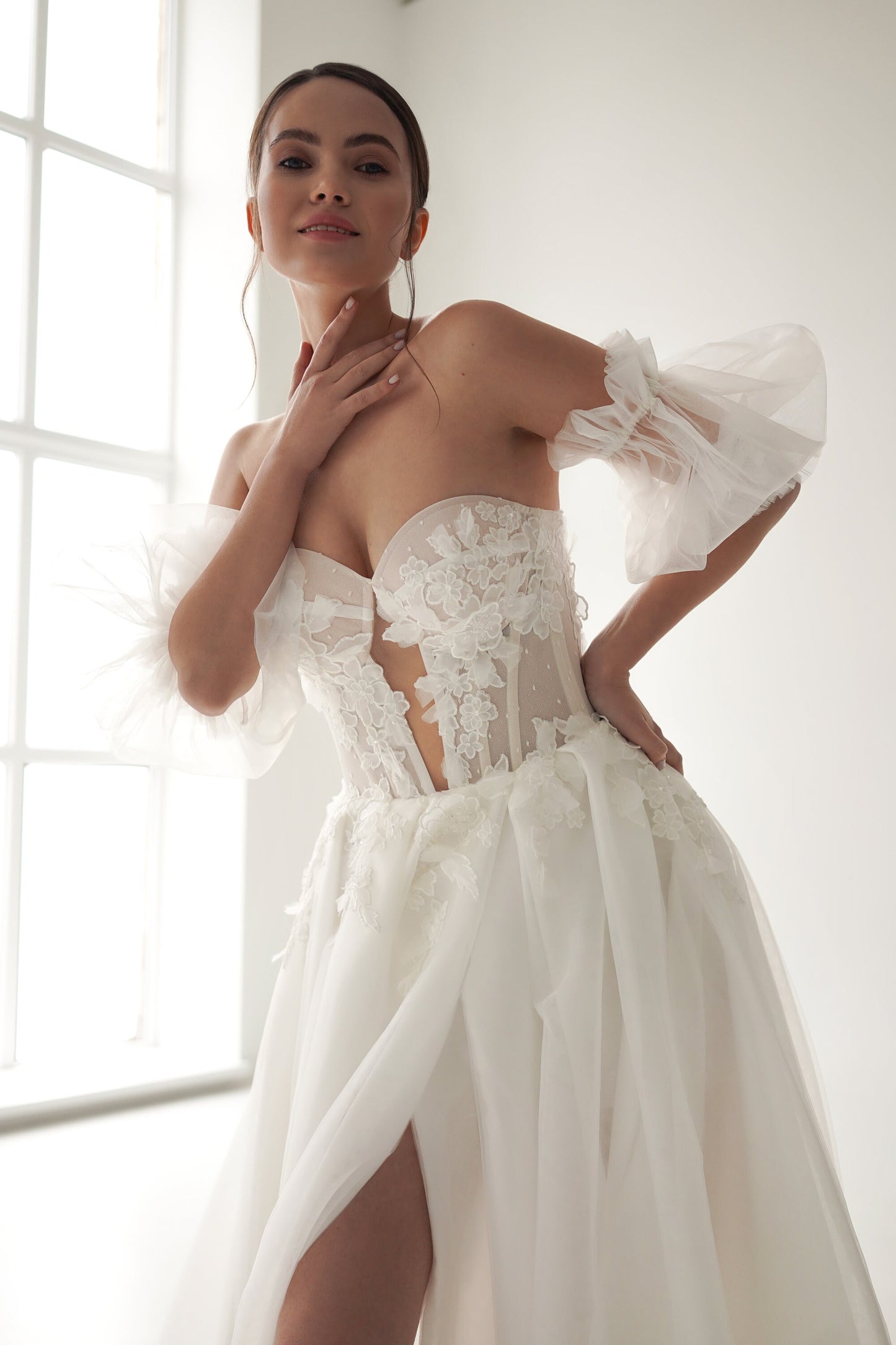 ASTRAL – Off-Shoulder Lace & Tulle Wedding Dress with Slit | Puff Sleeves Bridal Gown