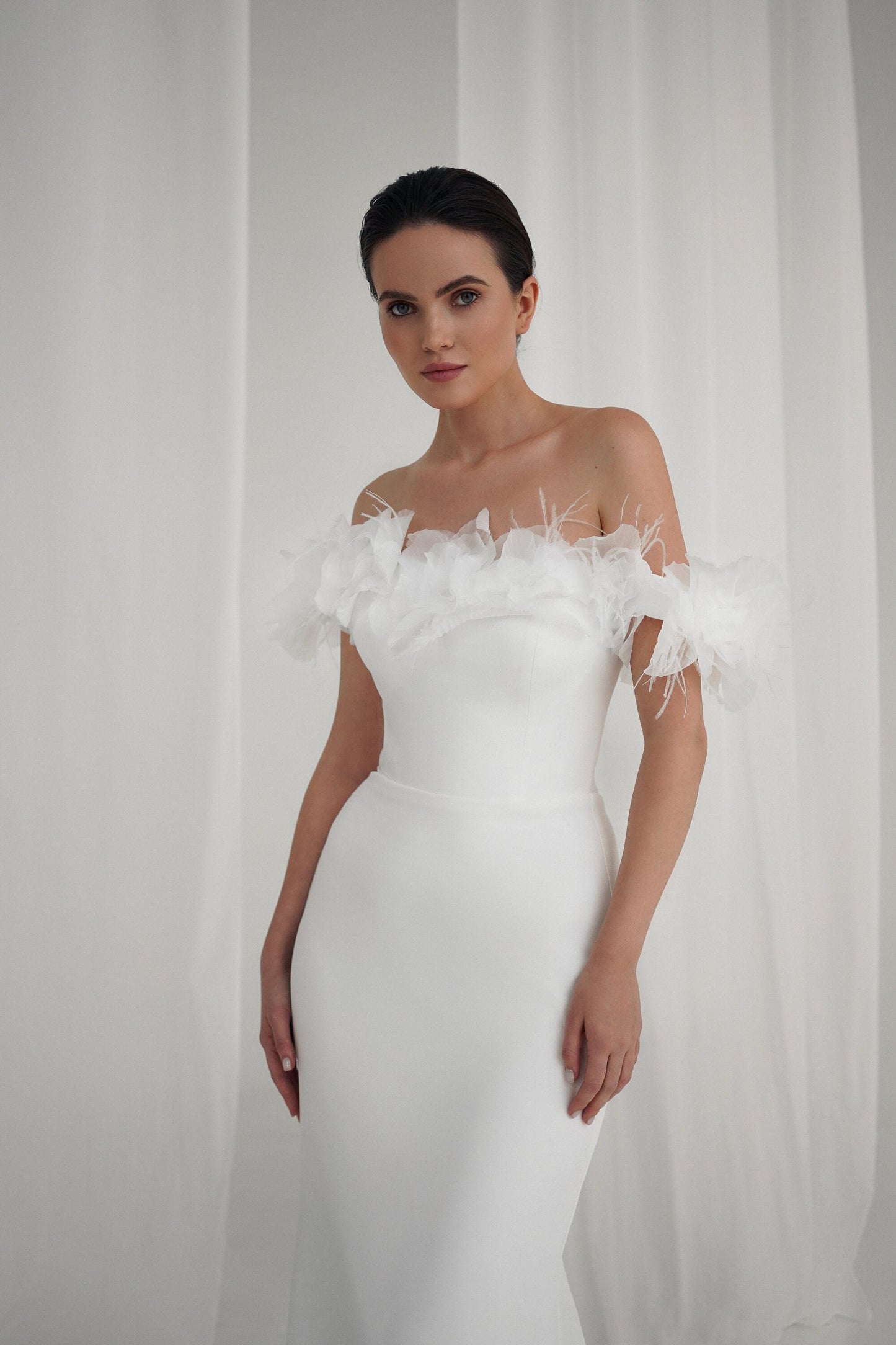 WEASLEA – Off-Shoulder Satin Wedding Dress with Floral Tulle Sleeves
