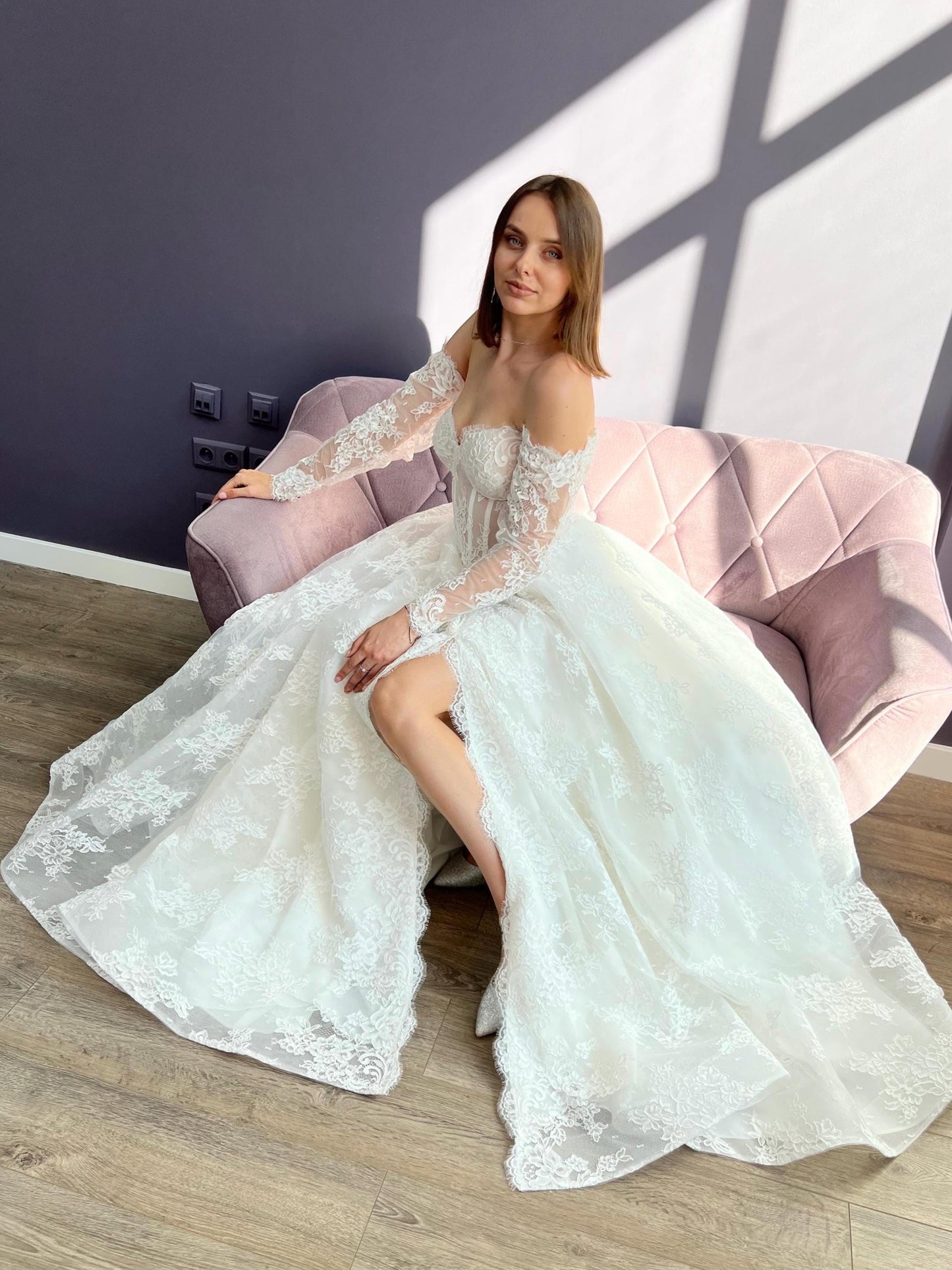 AMBREA – Lace Wedding Dress – Off-Shoulder Corset Bridal Gown with Long Sleeves & Slit