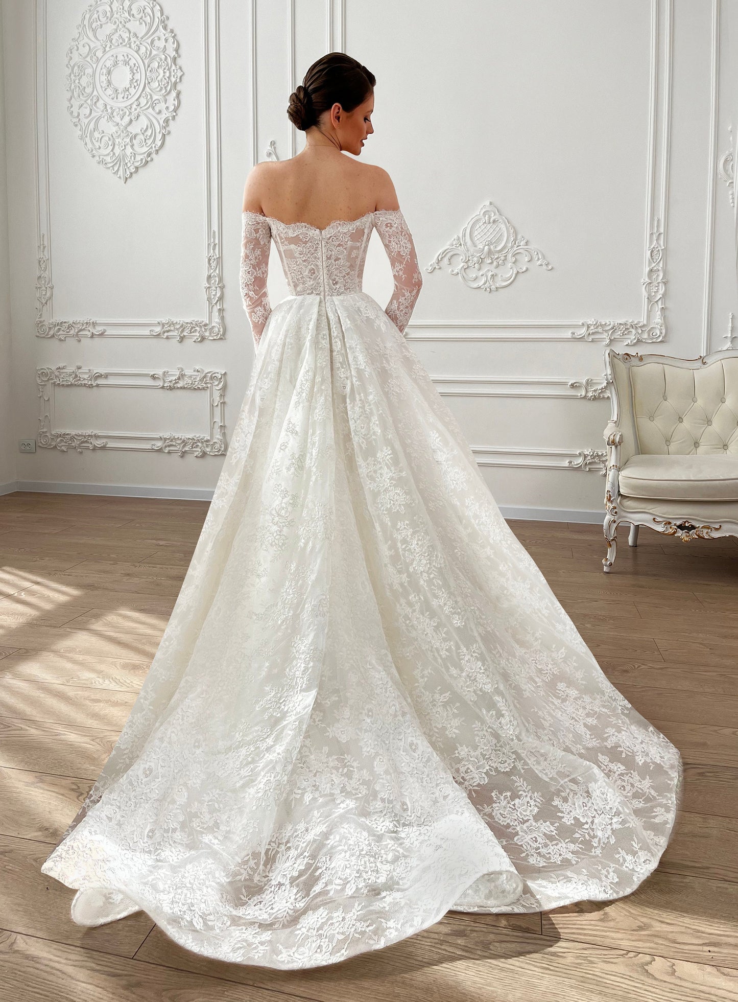 AMBREA – Lace Wedding Dress – Off-Shoulder Corset Bridal Gown with Long Sleeves & Slit