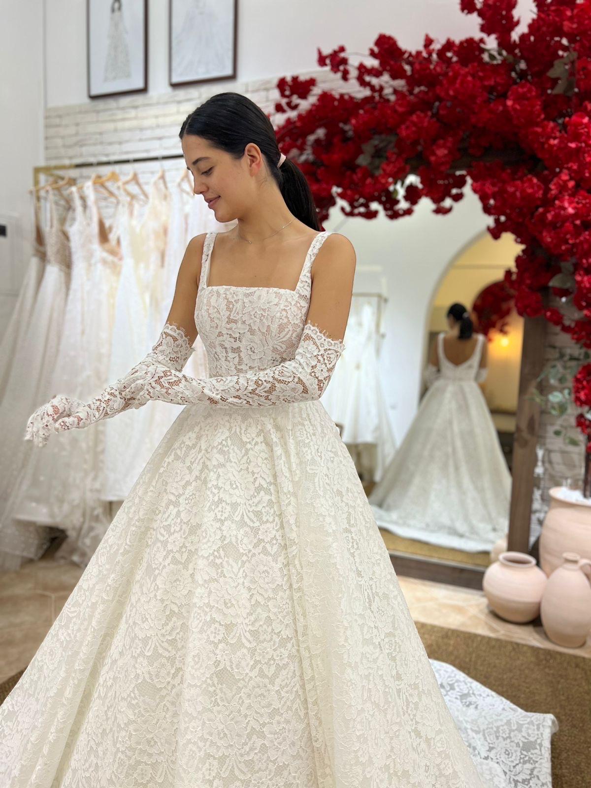 Elegant Lace Wedding Dress, A-Line Bridal Gown, French Corded Lace Dress, Square Corset Dress, Ball Gown Wedding Dress