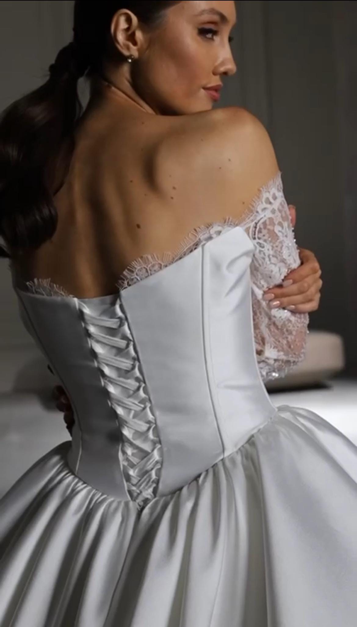 Princess Wedding Dress with Basque Corset, Mikado & Chantilly Lace, Glamorous Off-Shoulder Gown with Lace Sleeves, Luxurious Bridal Dress