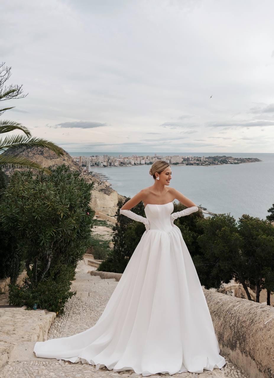 Simple Wedding Dress, Satin Bridal Gown, Off Shoulder Romantic Dress, Classic Square Neckline, Train Wedding Dress, White Bridal Dress