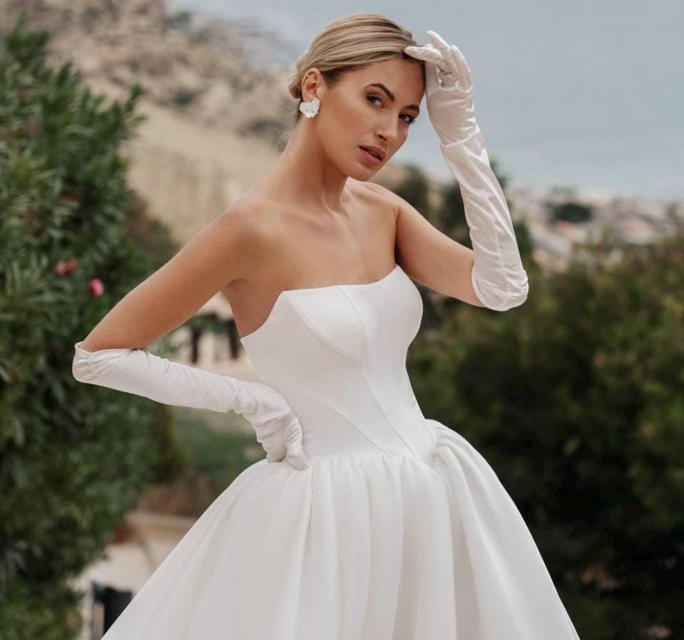 bridal dress classic Wedding Dresses Uptown Bride cathedral train Satin Classic A-line Strapless Bridal