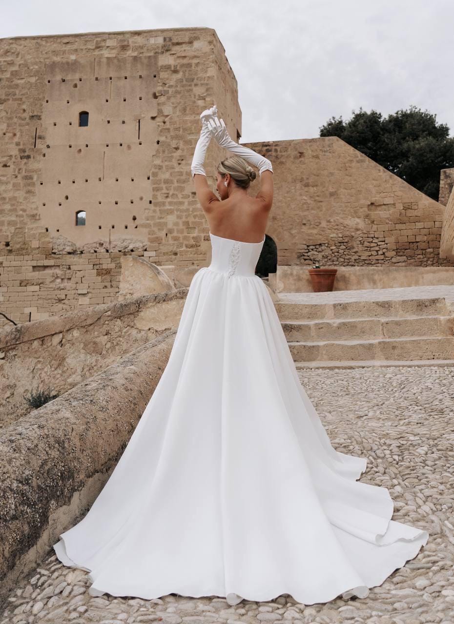 Simple Wedding Dress, Satin Bridal Gown, Off Shoulder Romantic Dress, Classic Square Neckline, Train Wedding Dress, White Bridal Dress