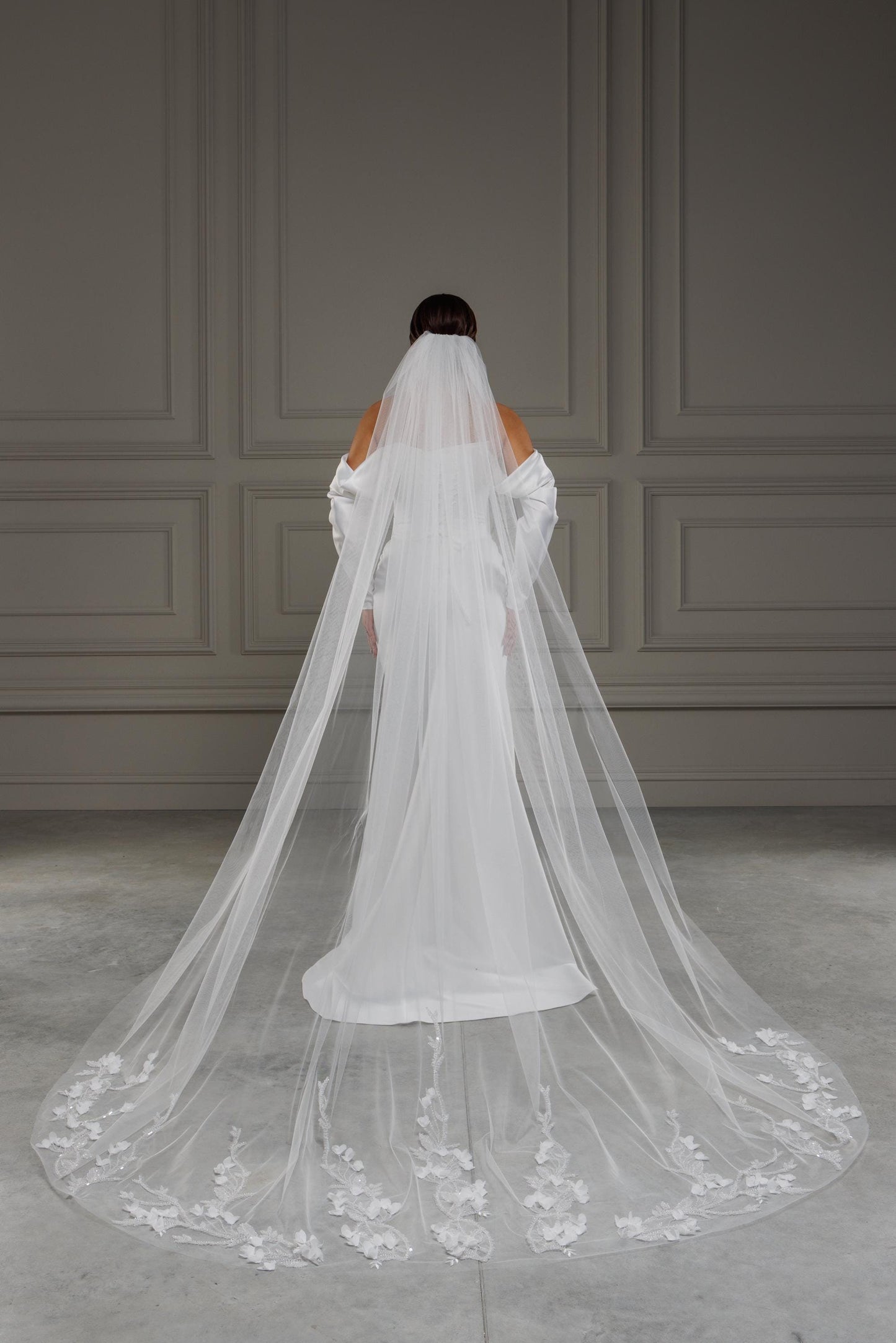 Luxurious Long Cathedral Lace Veil with Delicate Floral Embroidery and 3D Flowers, Customizable Wedding Veil for Brides