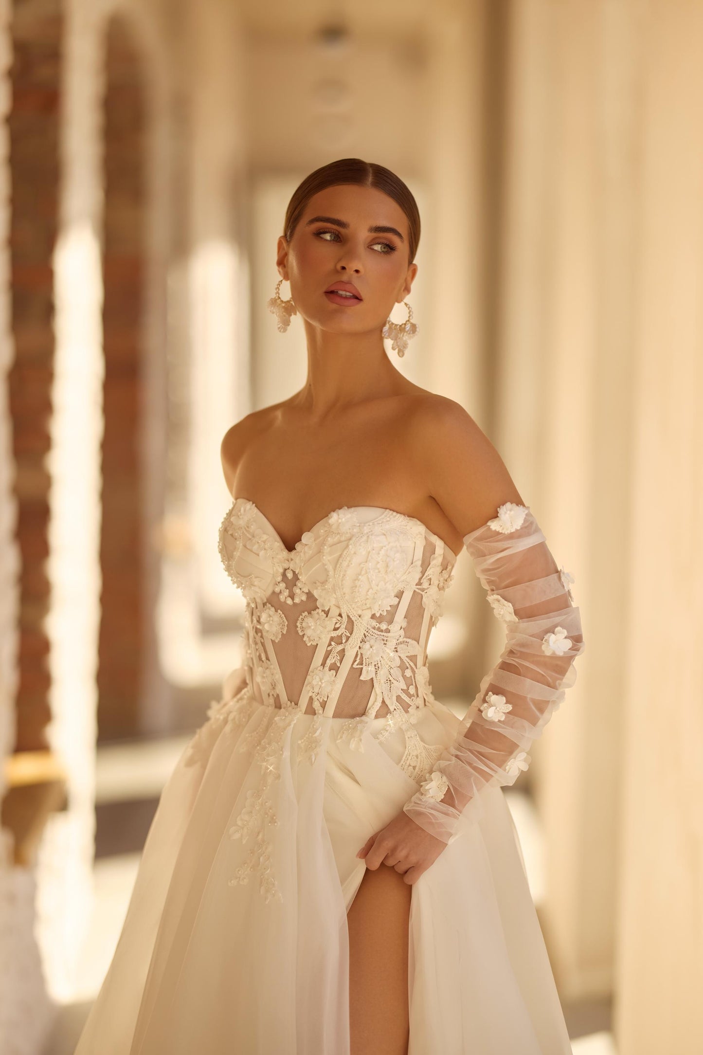 Off-Shoulder Floral Wedding Dress with Ruffled Long Sleeves, Lace Appliqué, Tulle Skirt, Slit, Romantic Backless Bridal Gown