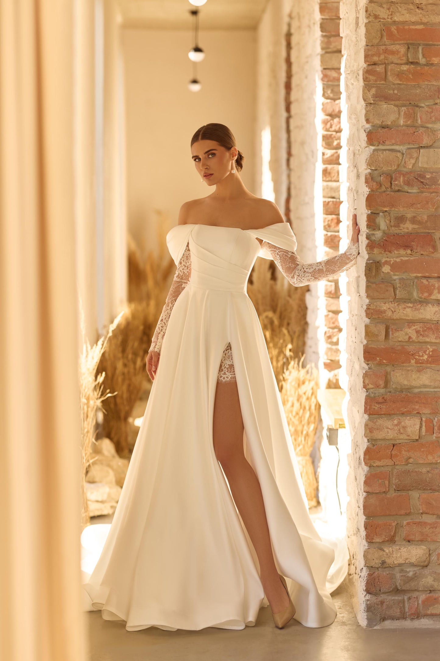 Off Shoulder Satin A-Line Bridal Gown with Lace Sleeves, Slit Skirt, Modest Sexy Ceremony Dress for Courthouse or Elopement Wedding