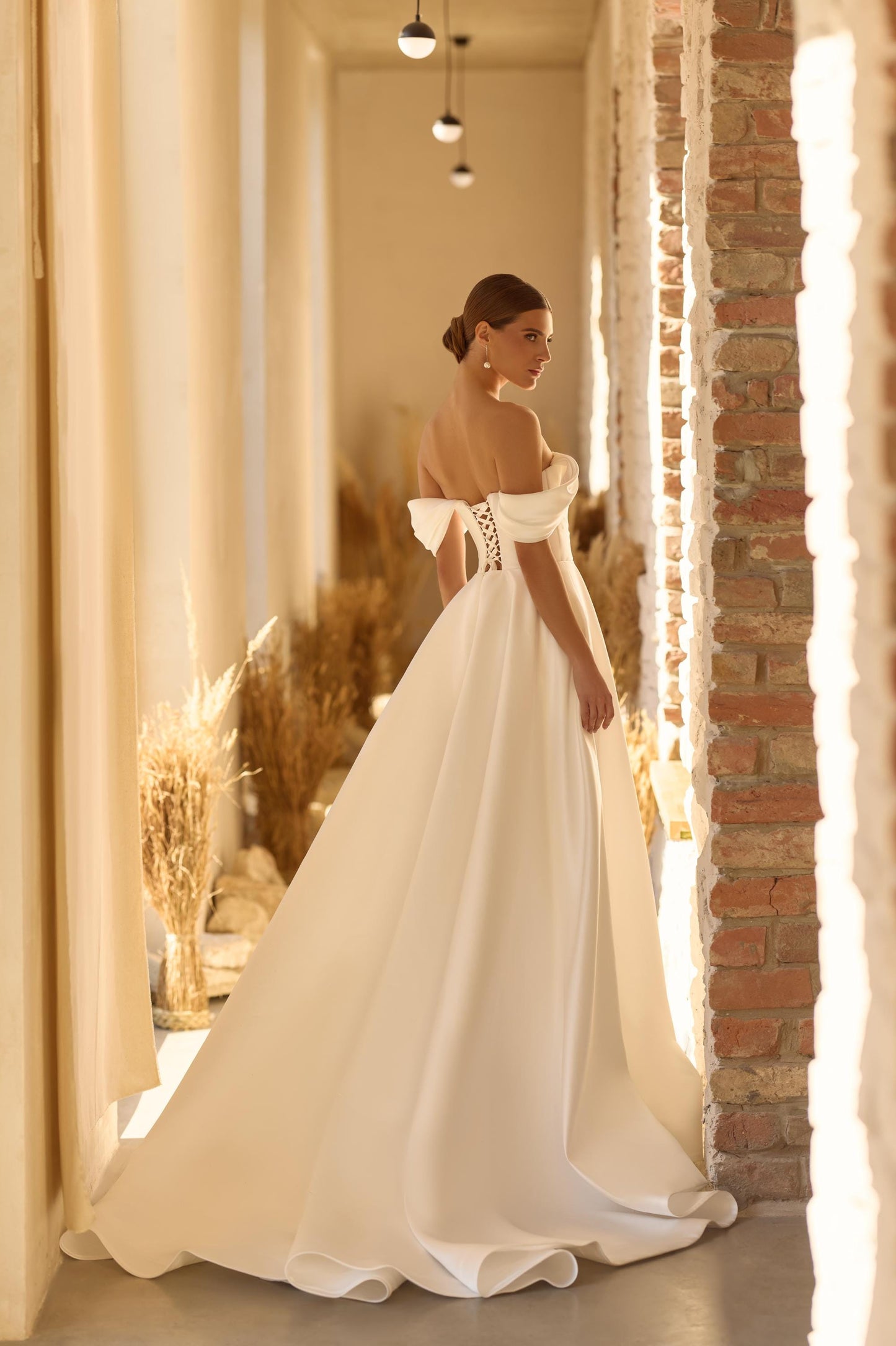 Off Shoulder Satin A-Line Bridal Gown with Lace Sleeves, Slit Skirt, Modest Sexy Ceremony Dress for Courthouse or Elopement Wedding