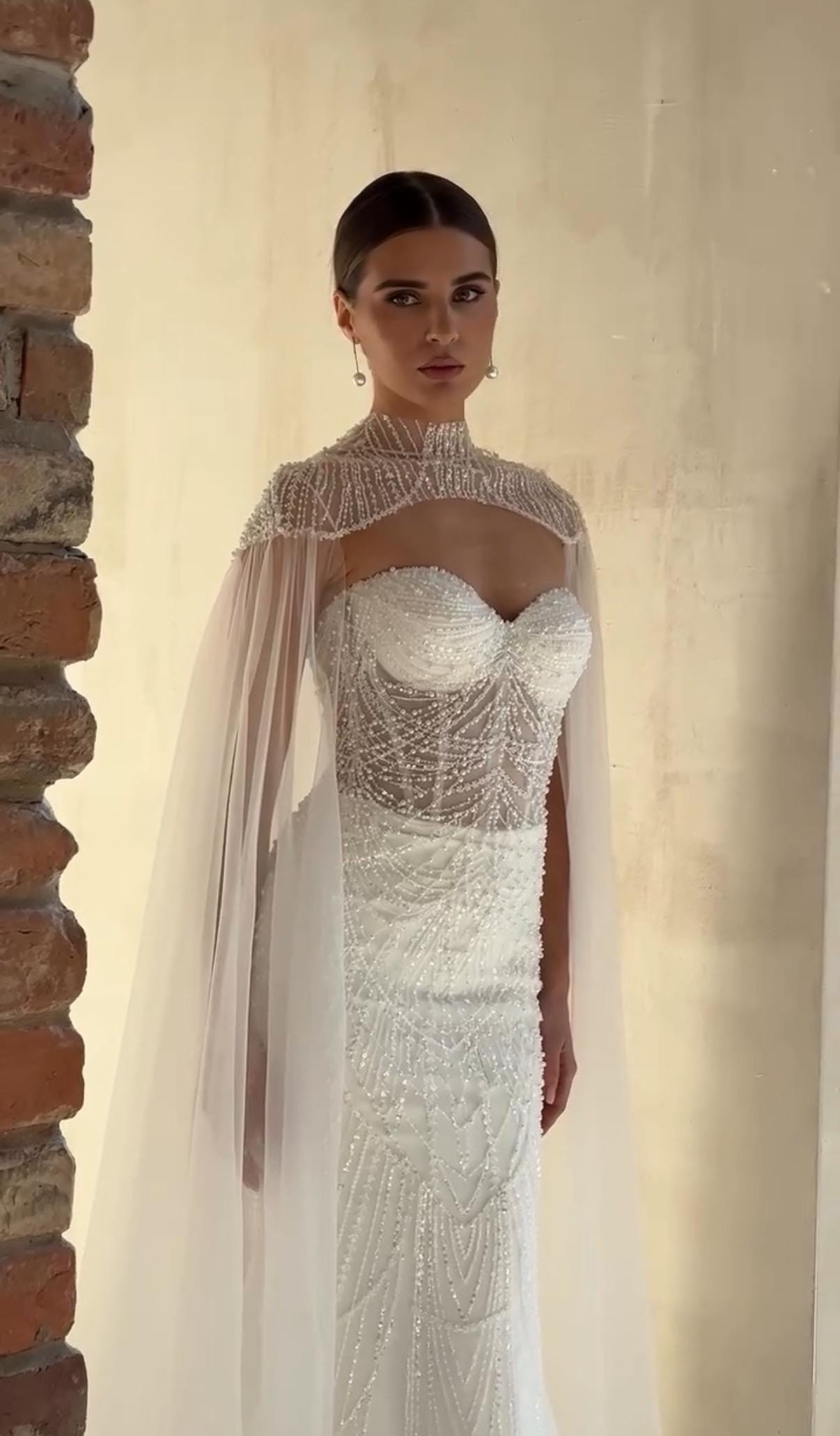 Beaded Bridal Gown with Cape, Sweetheart Neckline, Sleeveless Mermaid Lace Corset Dress, Romantic Train Wedding Dress