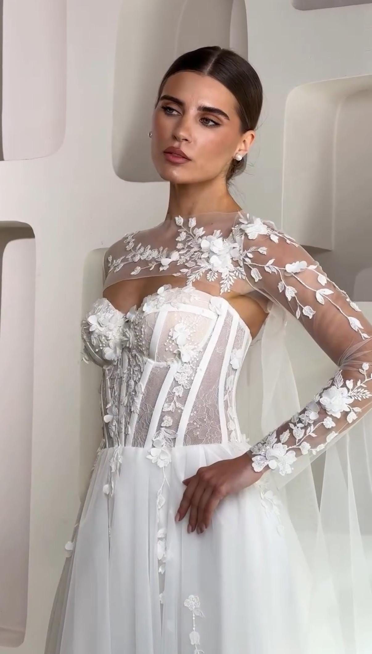 Tulle Bridal Gown with Train, Lace Corset and Sheer Bodice, Floral 3D Applique Long Sleeve A-line Rustic Wedding Dress Bolero Style