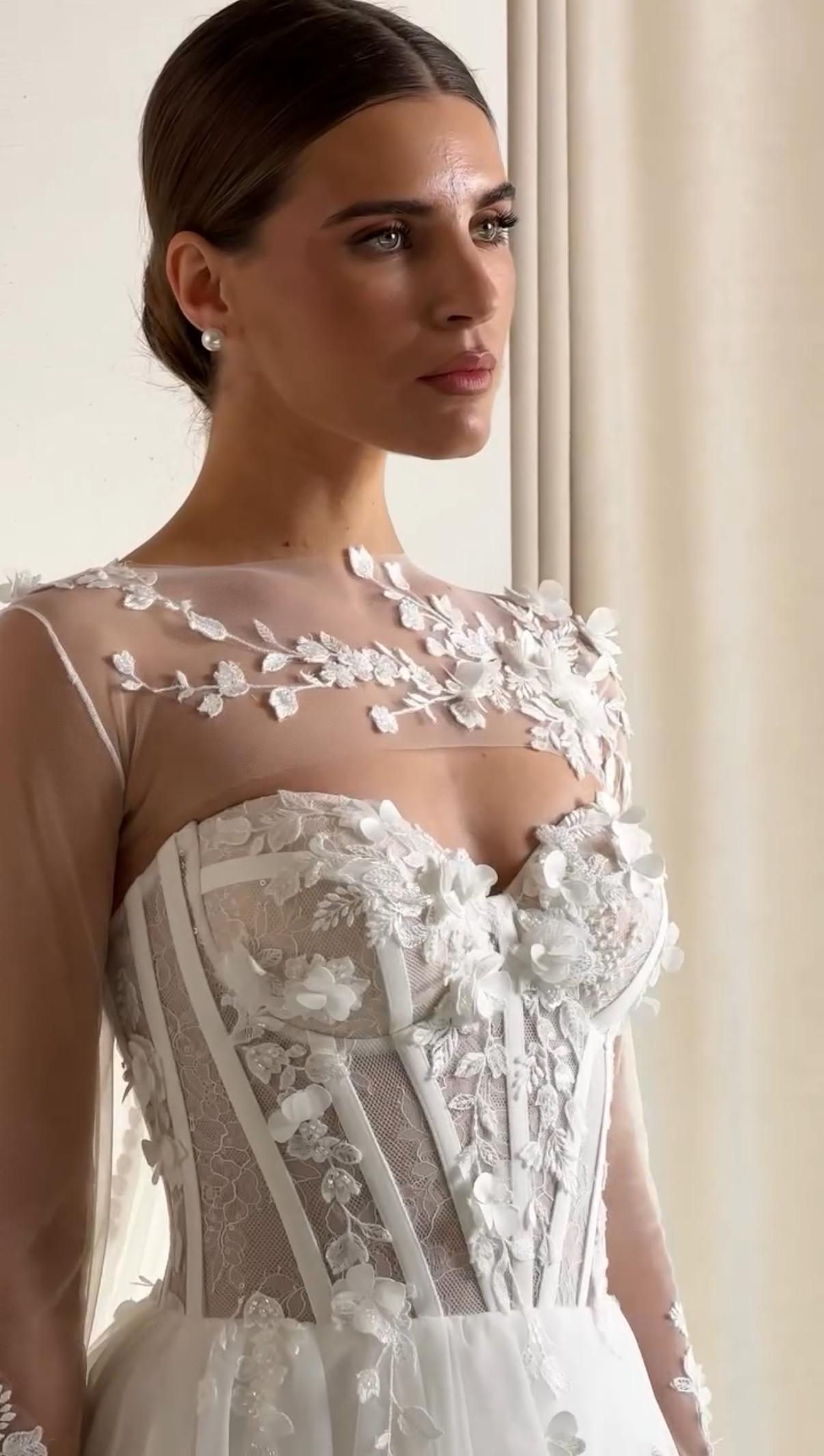 Tulle Bridal Gown with Train, Lace Corset and Sheer Bodice, Floral 3D Applique Long Sleeve A-line Rustic Wedding Dress Bolero Style