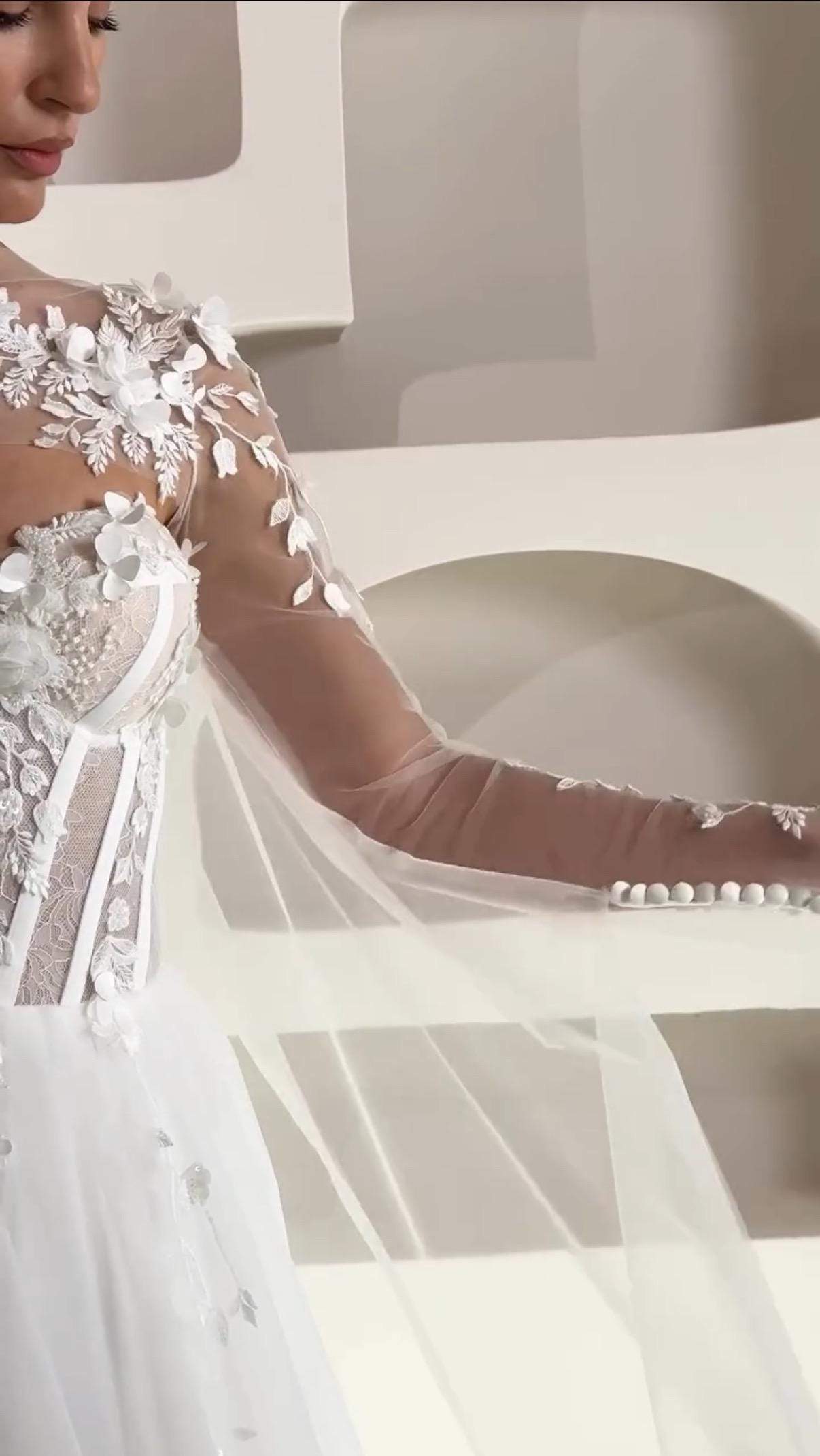 Tulle Bridal Gown with Train, Lace Corset and Sheer Bodice, Floral 3D Applique Long Sleeve A-line Rustic Wedding Dress Bolero Style