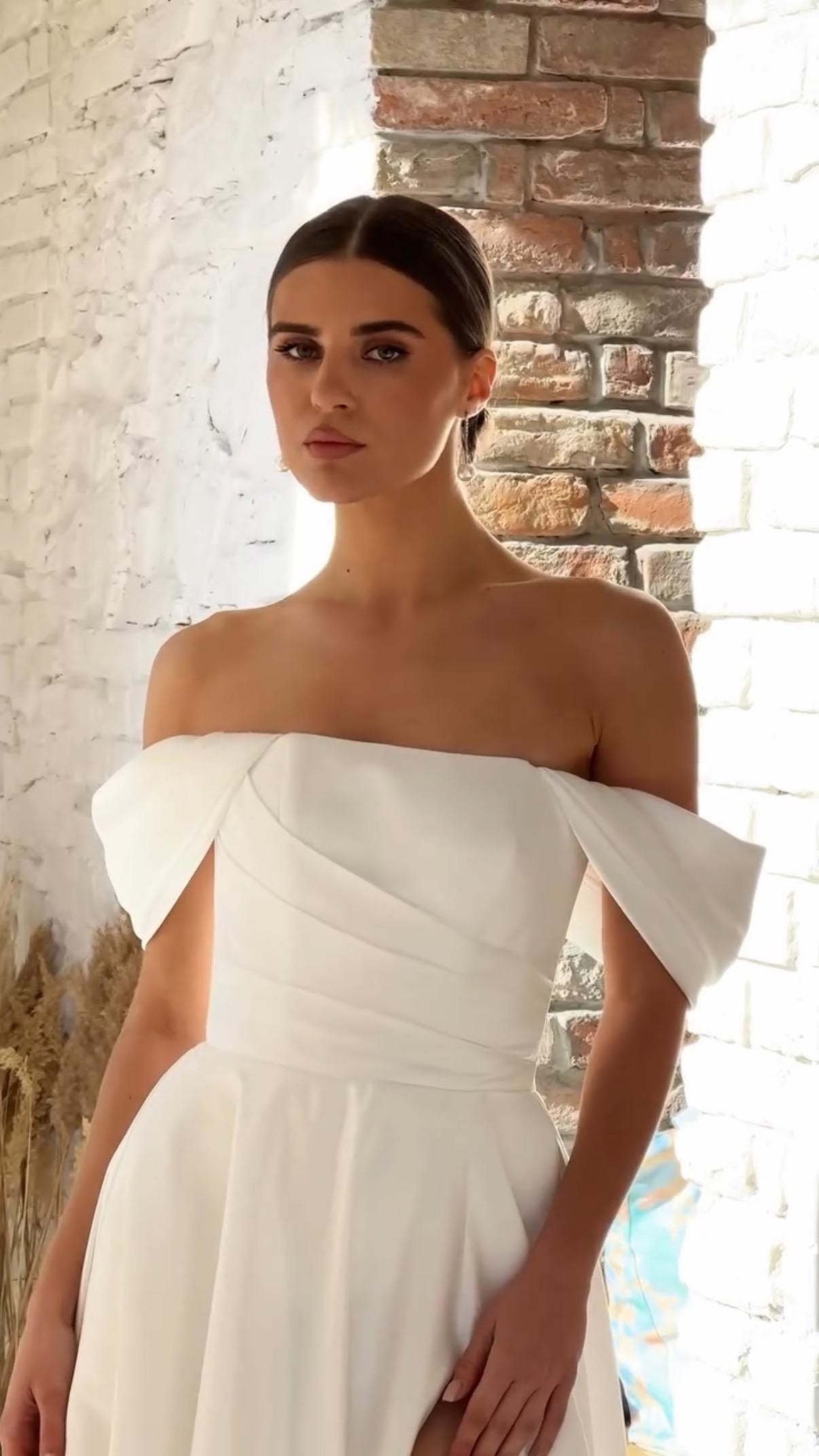 Off Shoulder Satin A-Line Bridal Gown with Lace Sleeves, Slit Skirt, Modest Sexy Ceremony Dress for Courthouse or Elopement Wedding