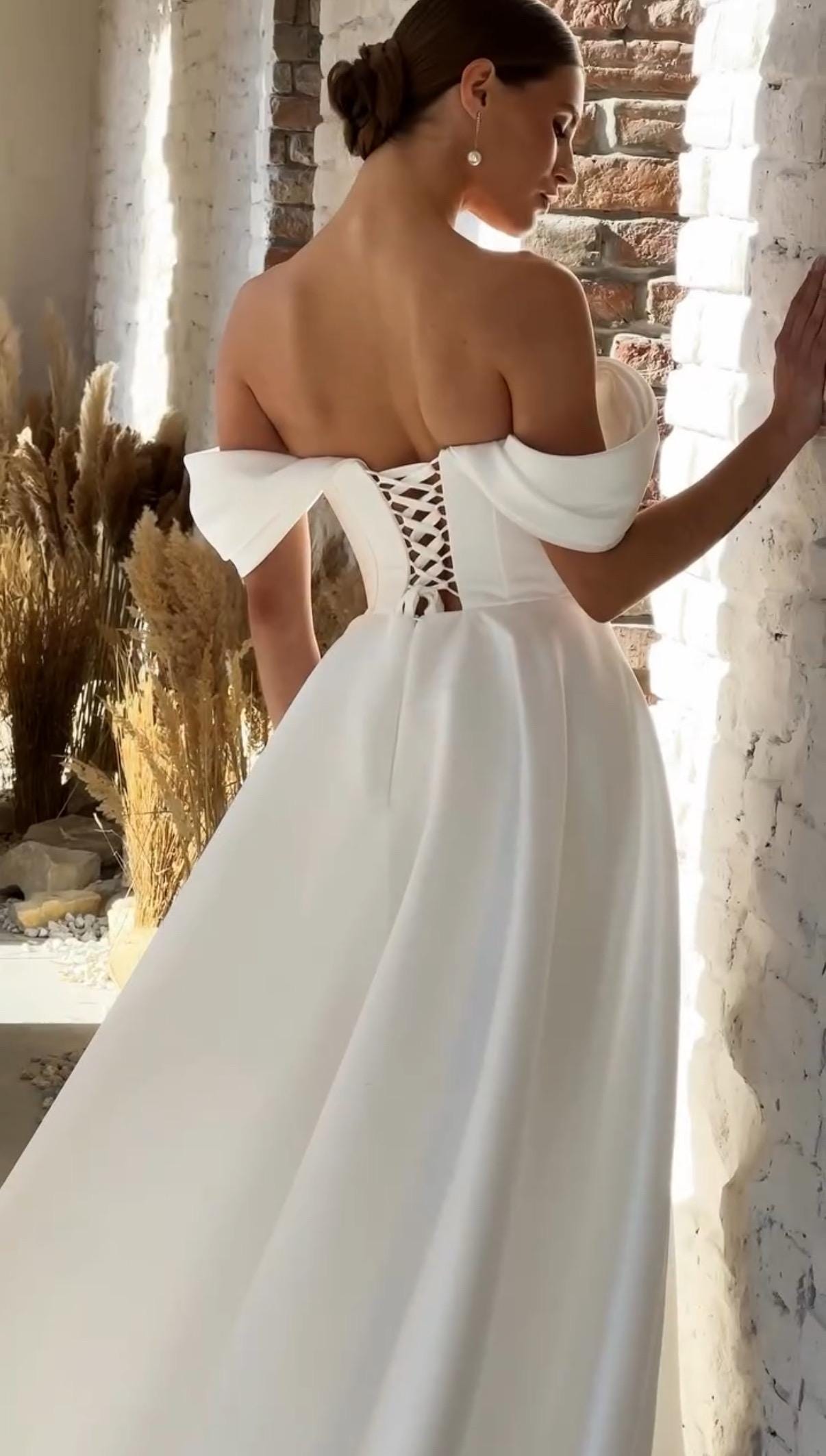 Off Shoulder Satin A-Line Bridal Gown with Lace Sleeves, Slit Skirt, Modest Sexy Ceremony Dress for Courthouse or Elopement Wedding