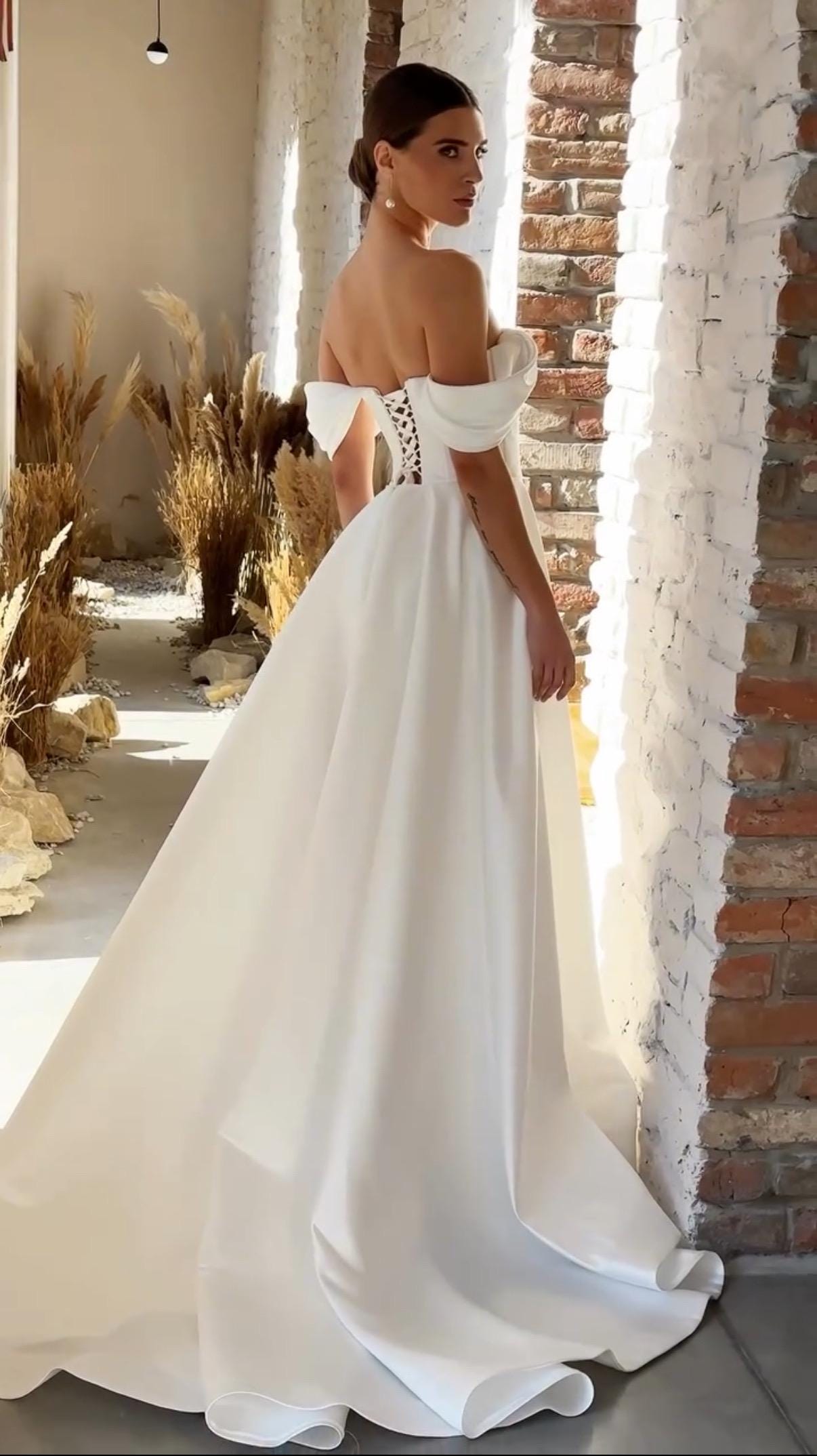 Off Shoulder Satin A-Line Bridal Gown with Lace Sleeves, Slit Skirt, Modest Sexy Ceremony Dress for Courthouse or Elopement Wedding