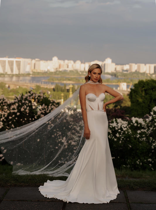 Mermaid Wedding Dress with Illusion Corset and Pearl Tulle Cape – Strapless Sweetheart Bridal Gown with Train