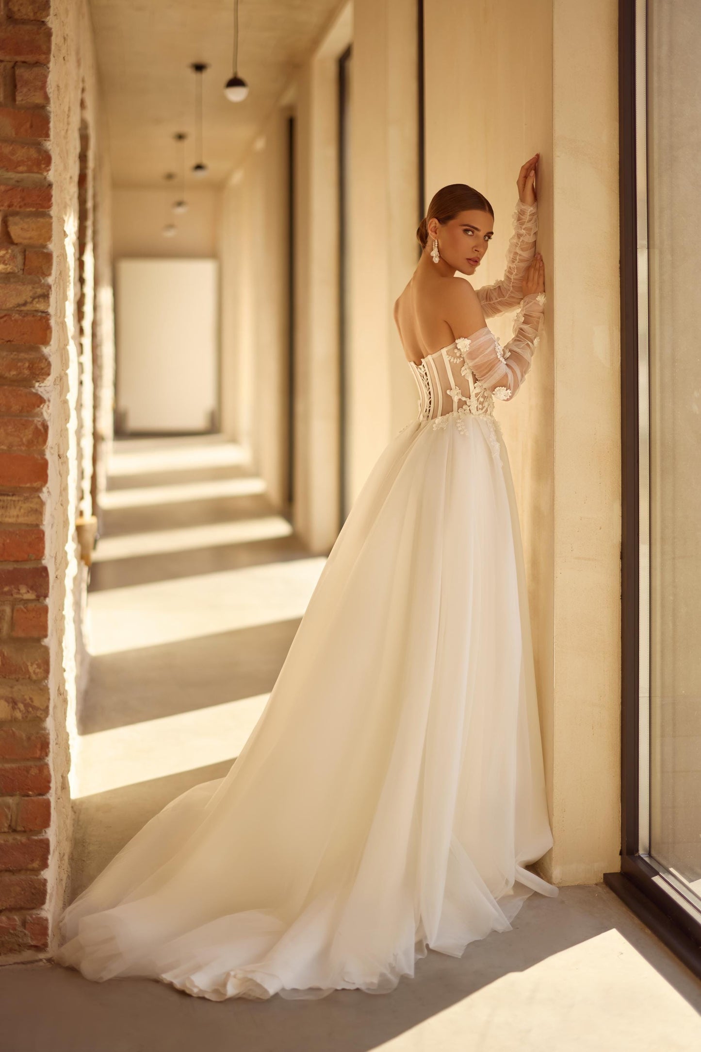 Off-Shoulder Floral Wedding Dress with Ruffled Long Sleeves, Lace Appliqué, Tulle Skirt, Slit, Romantic Backless Bridal Gown